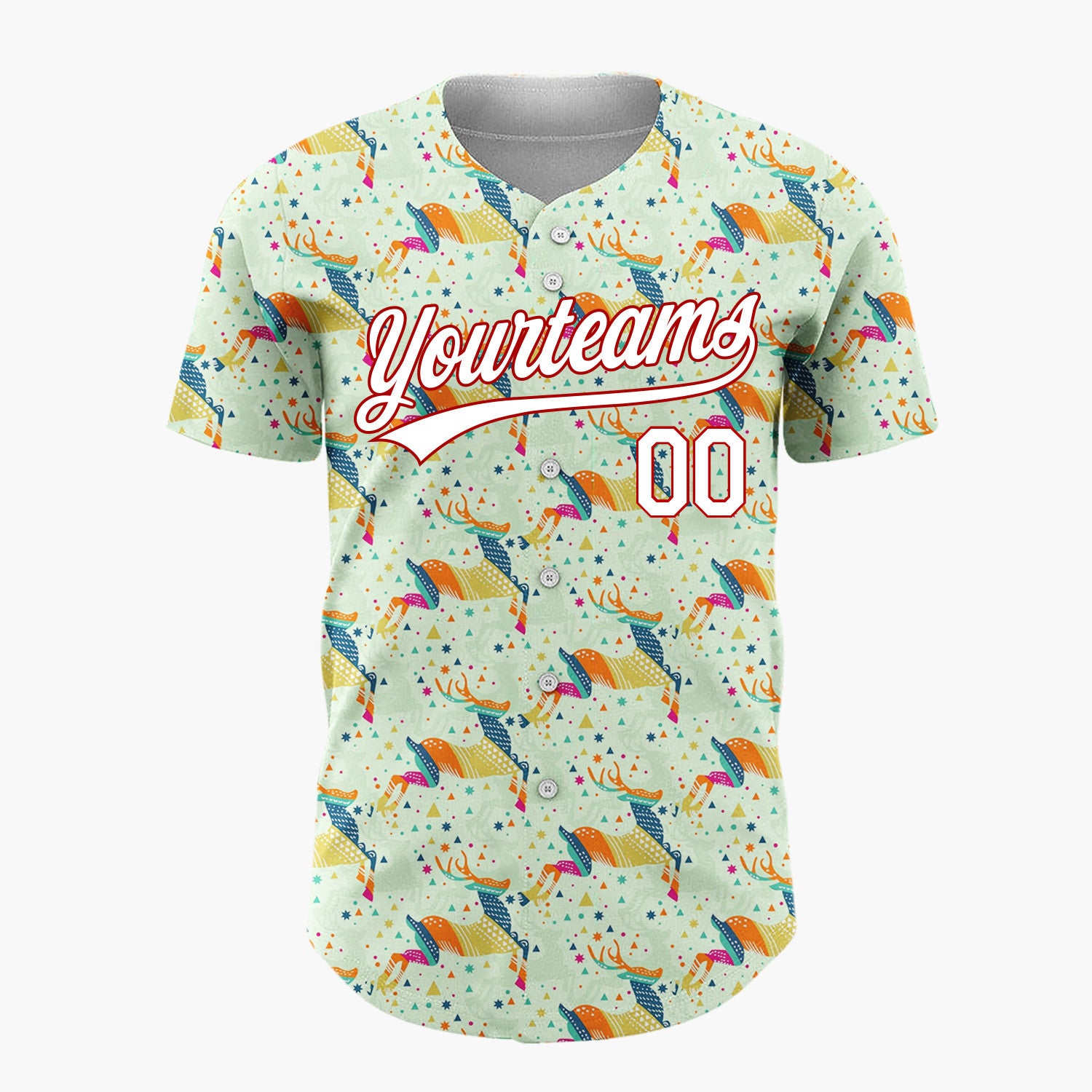 Custom Light Green Multicolor Geometric Reindeer Stars Christmas Baseball Jersey