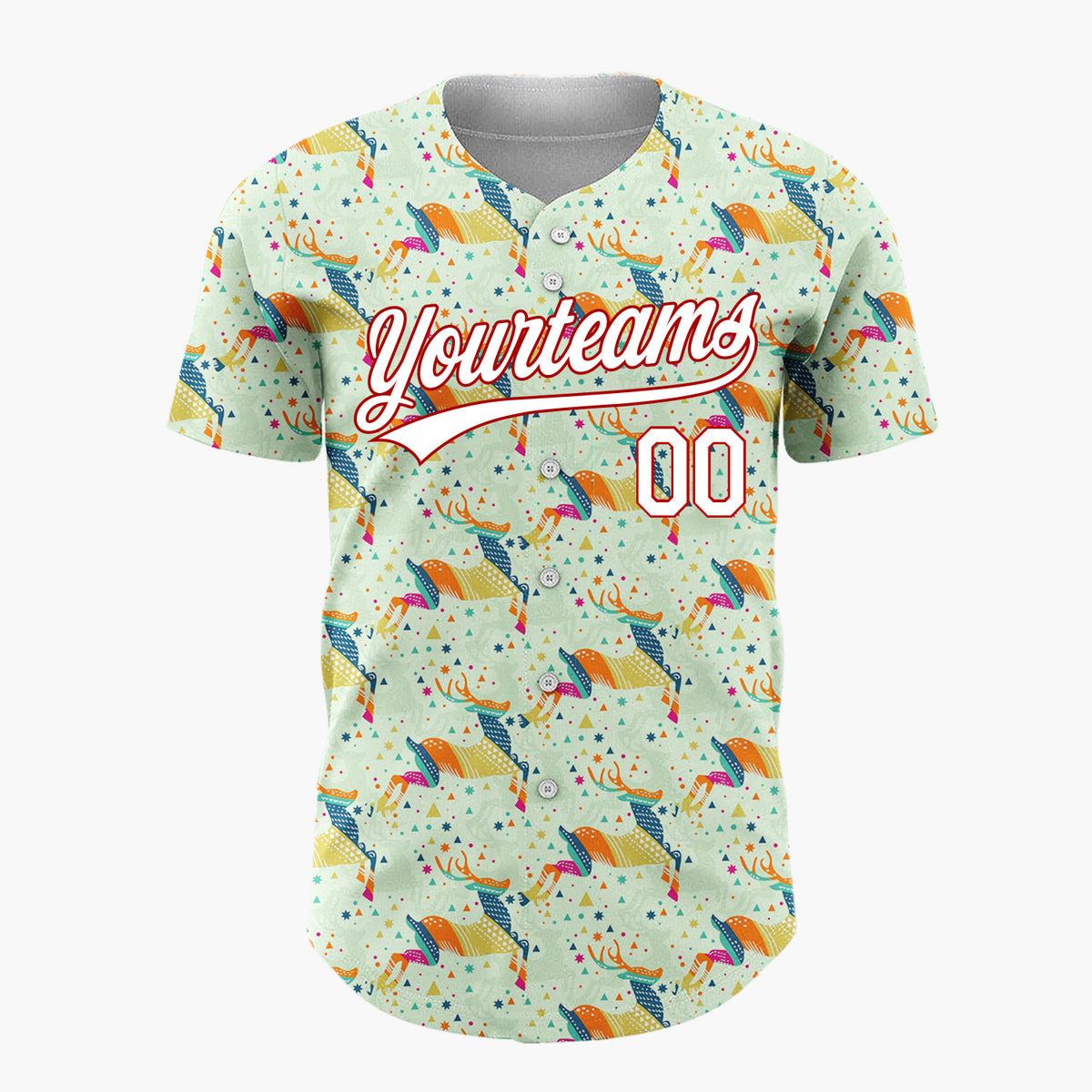 Custom Light Green Multicolor Geometric Reindeer Stars Christmas Baseball Jersey