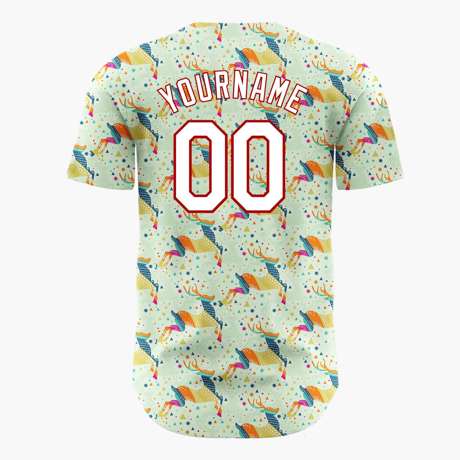 Custom Light Green Multicolor Geometric Reindeer Stars Christmas Baseball Jersey