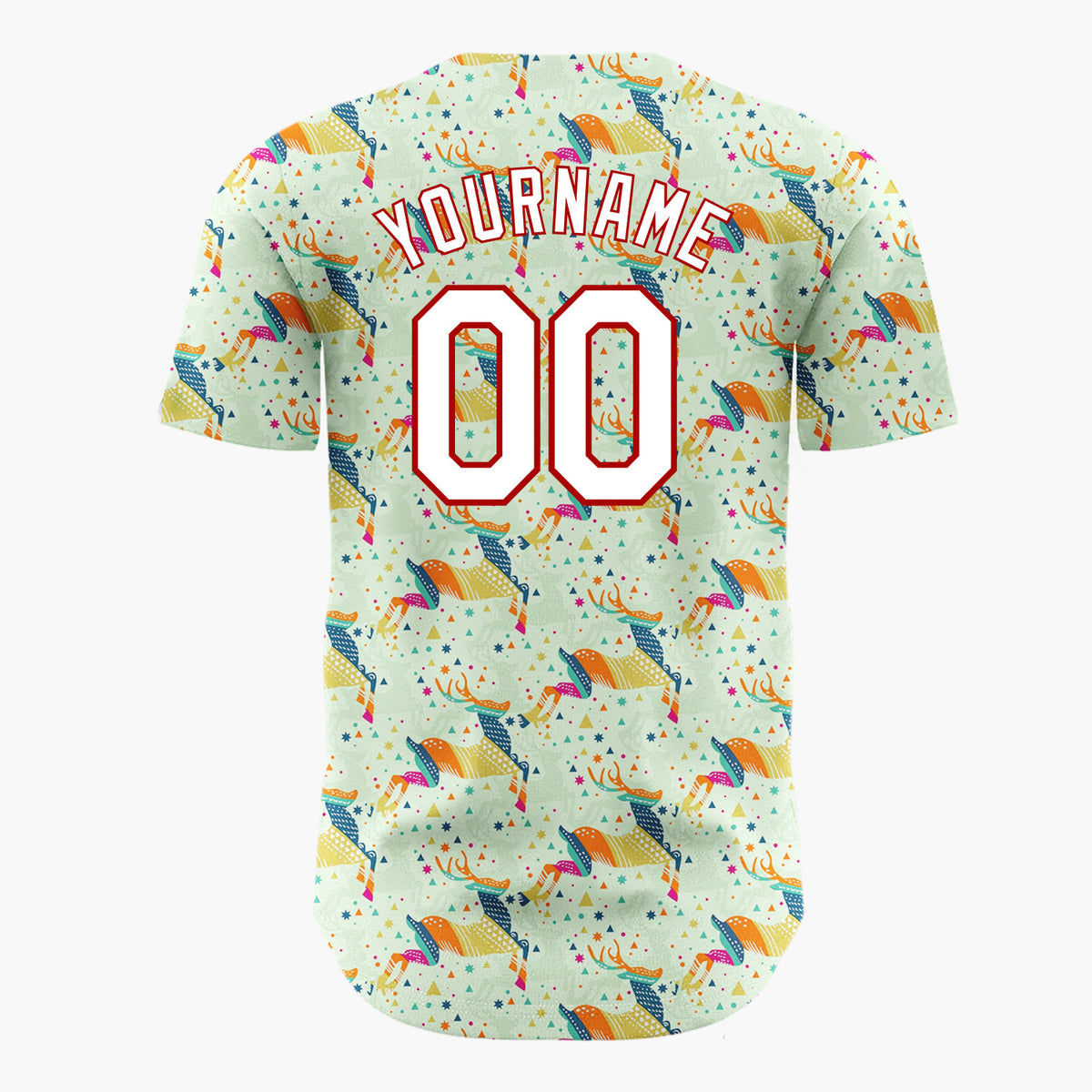 Custom Light Green Multicolor Geometric Reindeer Stars Christmas Baseball Jersey
