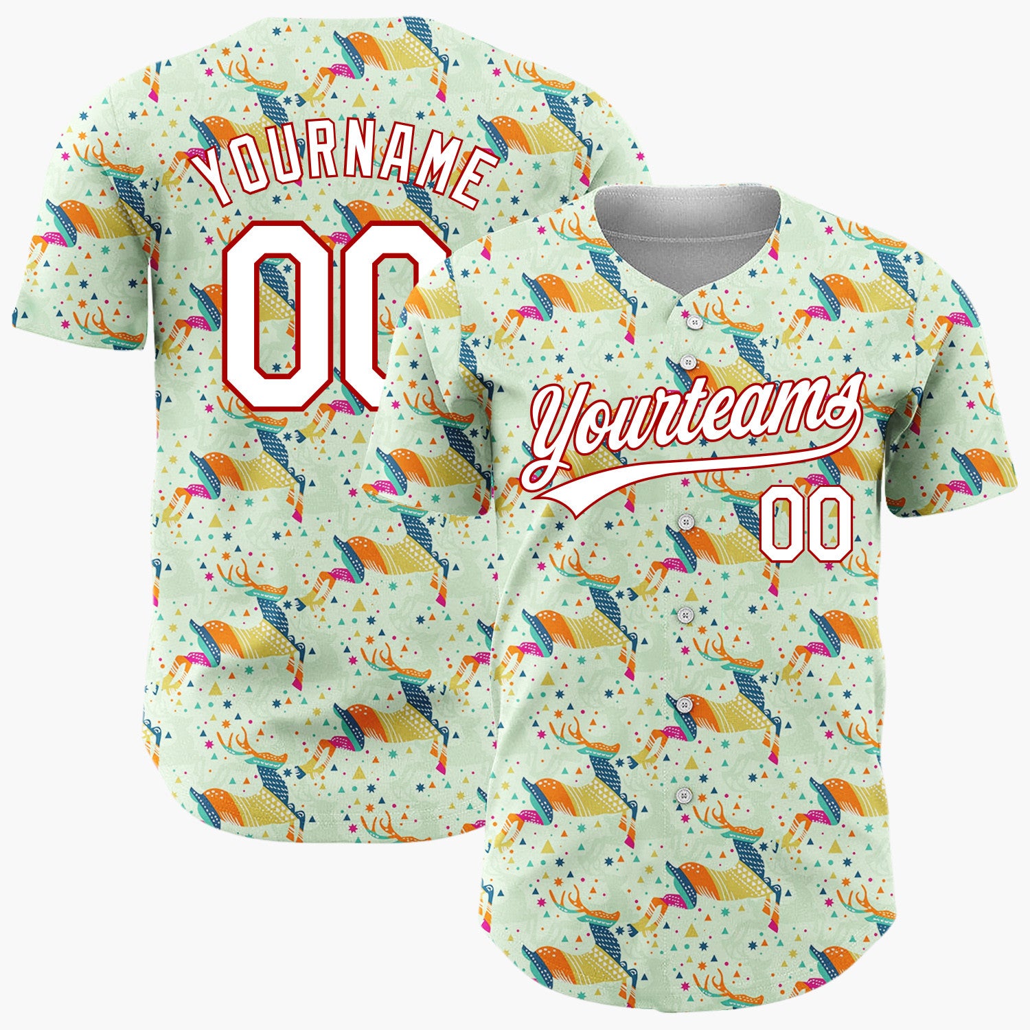 Custom Light Green Multicolor Geometric Reindeer Stars Christmas Baseball Jersey