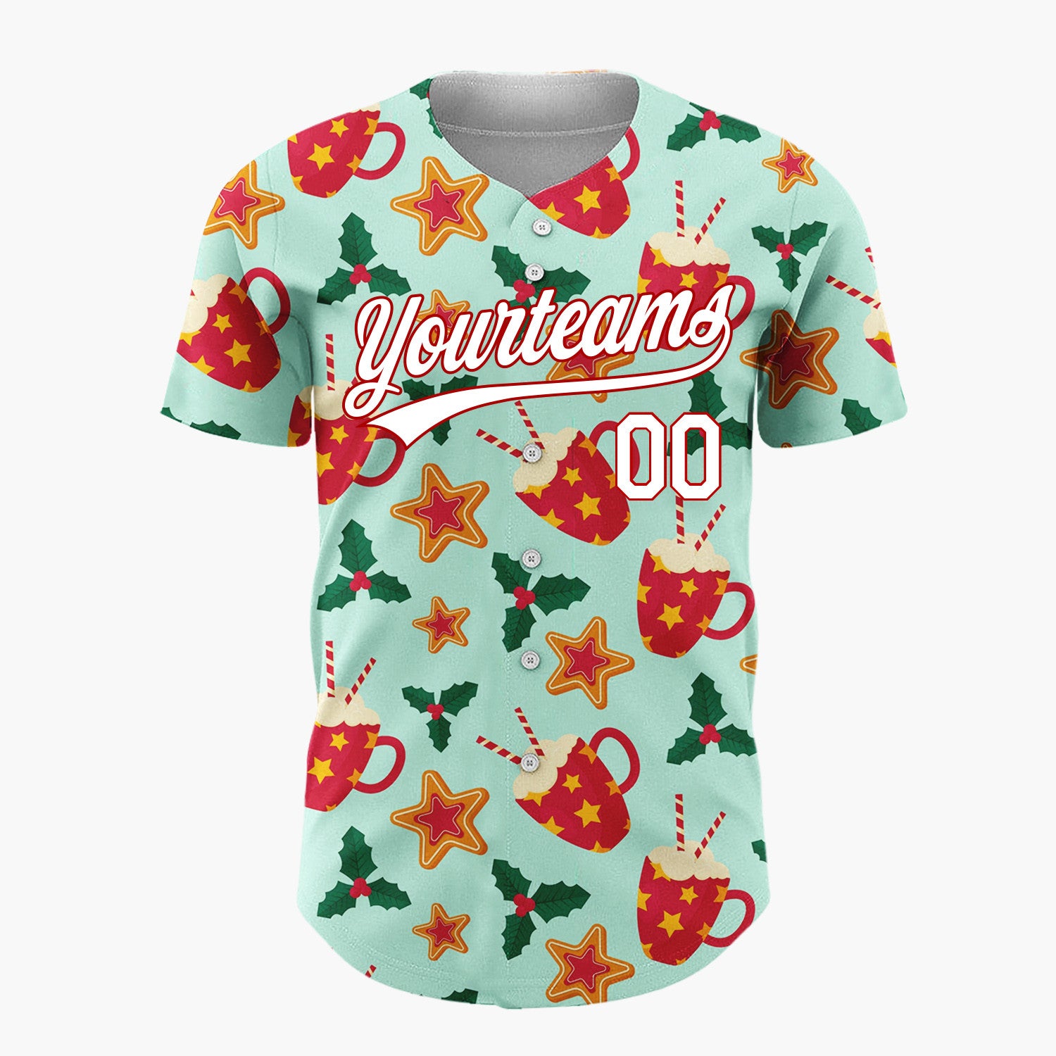 Custom Mint Red Cocoa Cups Cookies And Holly Cozy Christmas Baseball Jersey