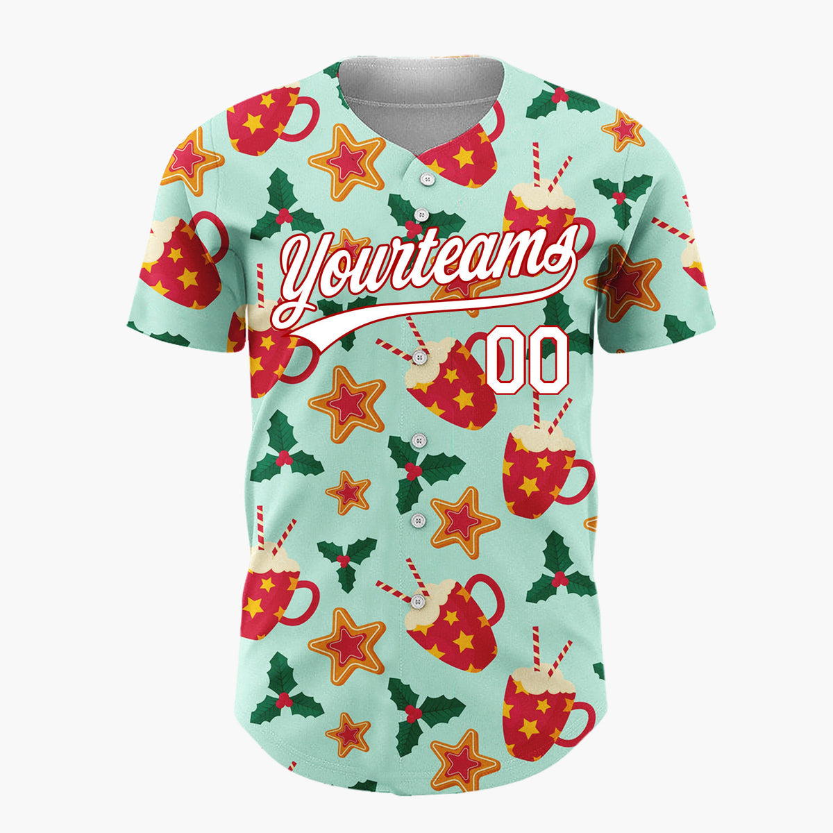 Custom Mint Red Cocoa Cups Cookies And Holly Cozy Christmas Baseball Jersey