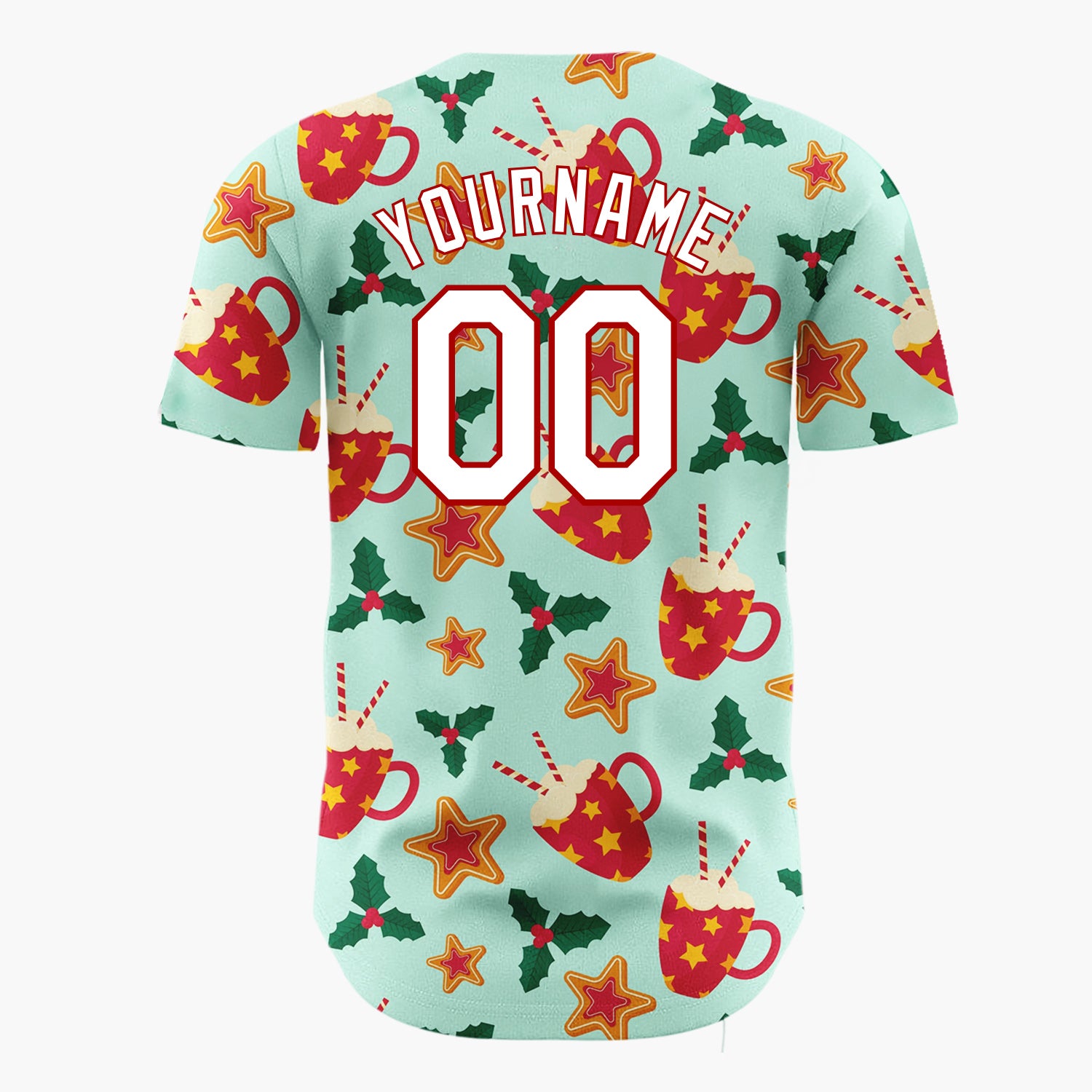 Custom Mint Red Cocoa Cups Cookies And Holly Cozy Christmas Baseball Jersey