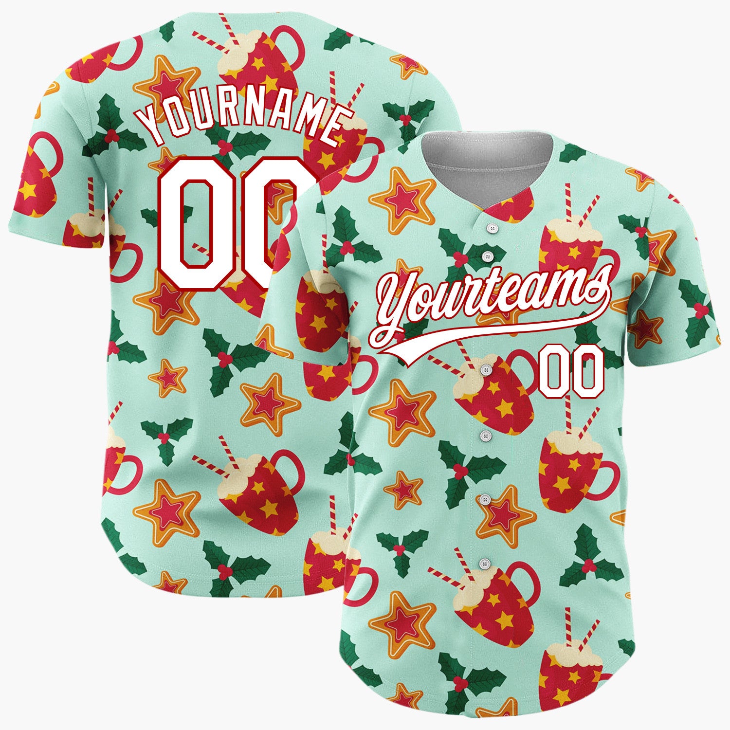 Custom Mint Red Cocoa Cups Cookies And Holly Cozy Christmas Baseball Jersey