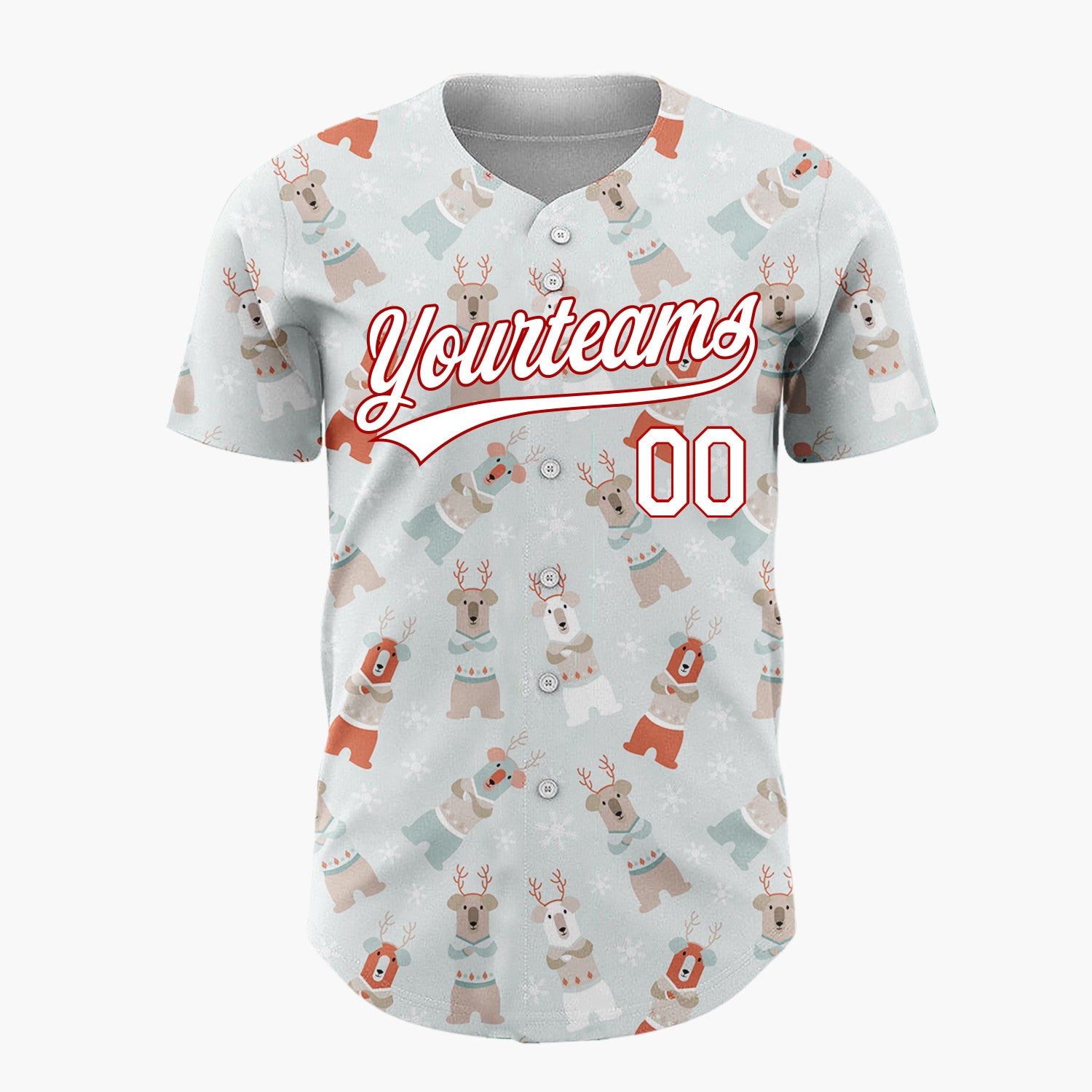 Custom Light Gray Brown Red Bears Sweaters And Snowflakes Cozy Winter Pattern Christmas Baseball Jersey