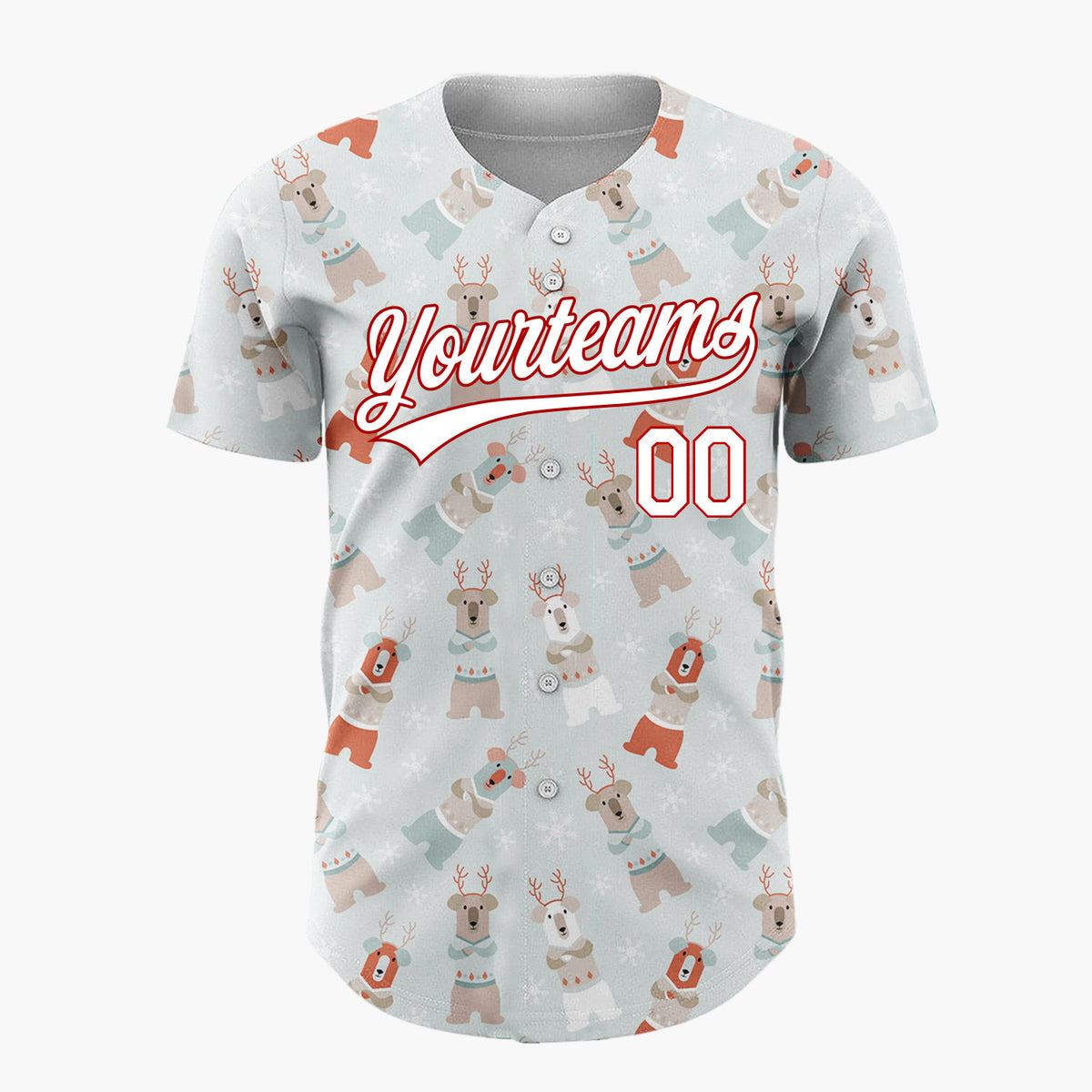 Custom Light Gray Brown Red Bears Sweaters And Snowflakes Cozy Winter Pattern Christmas Baseball Jersey