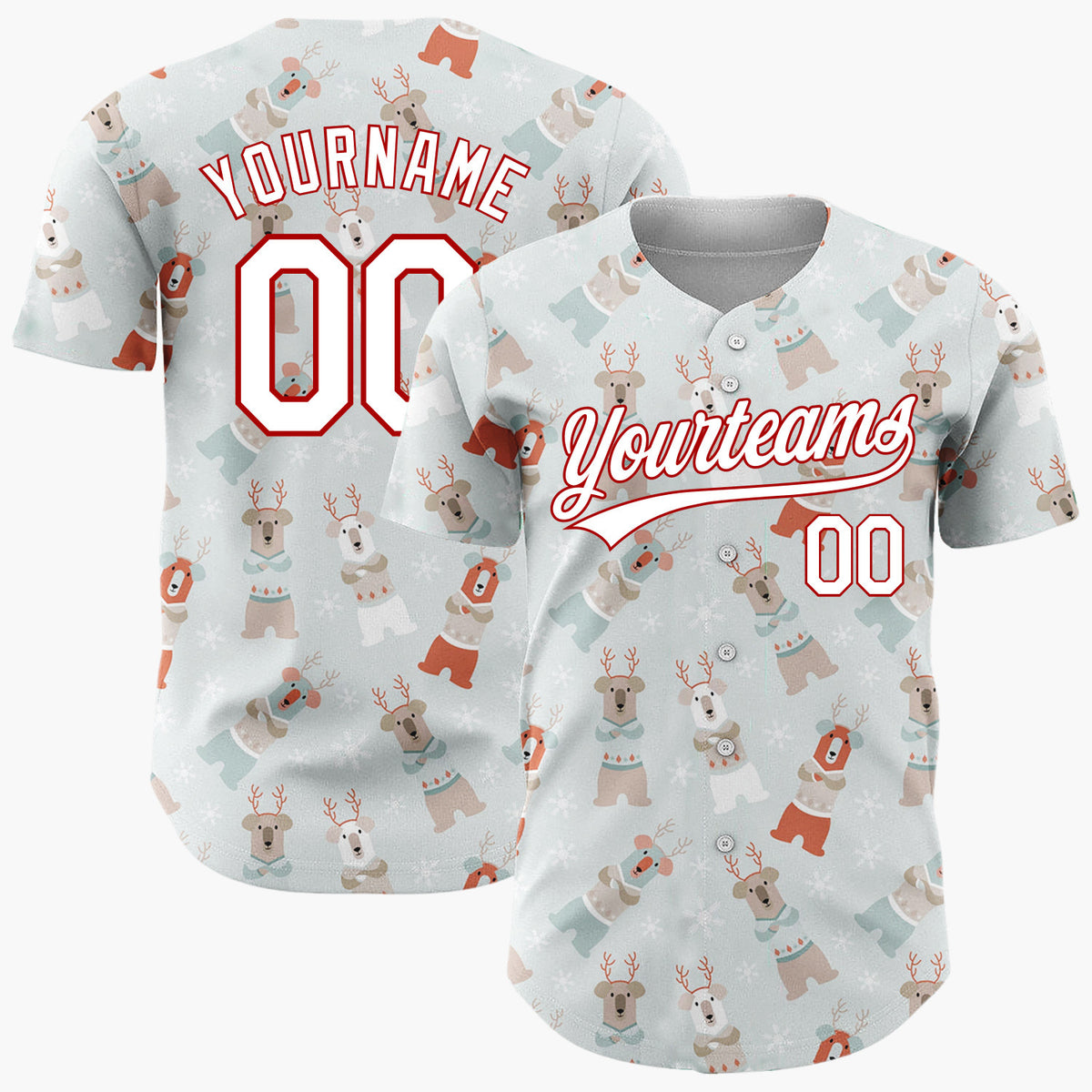 Custom Light Gray Brown Red Bears Sweaters And Snowflakes Cozy Winter Pattern Christmas Baseball Jersey