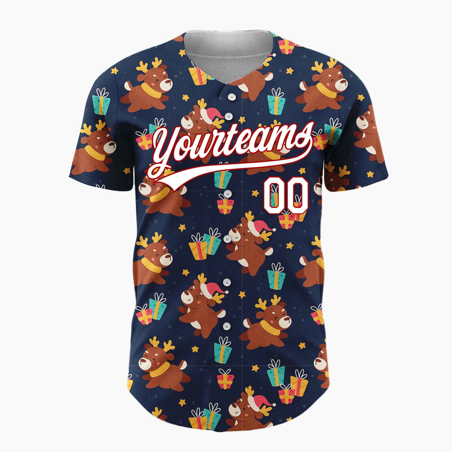 Custom Navy Brown Reindeers Gifts And Stars Playful Holiday Pattern Christmas Baseball Jersey