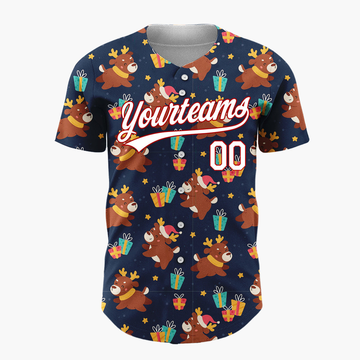 Custom Navy Brown Reindeers Gifts And Stars Playful Holiday Pattern Christmas Baseball Jersey
