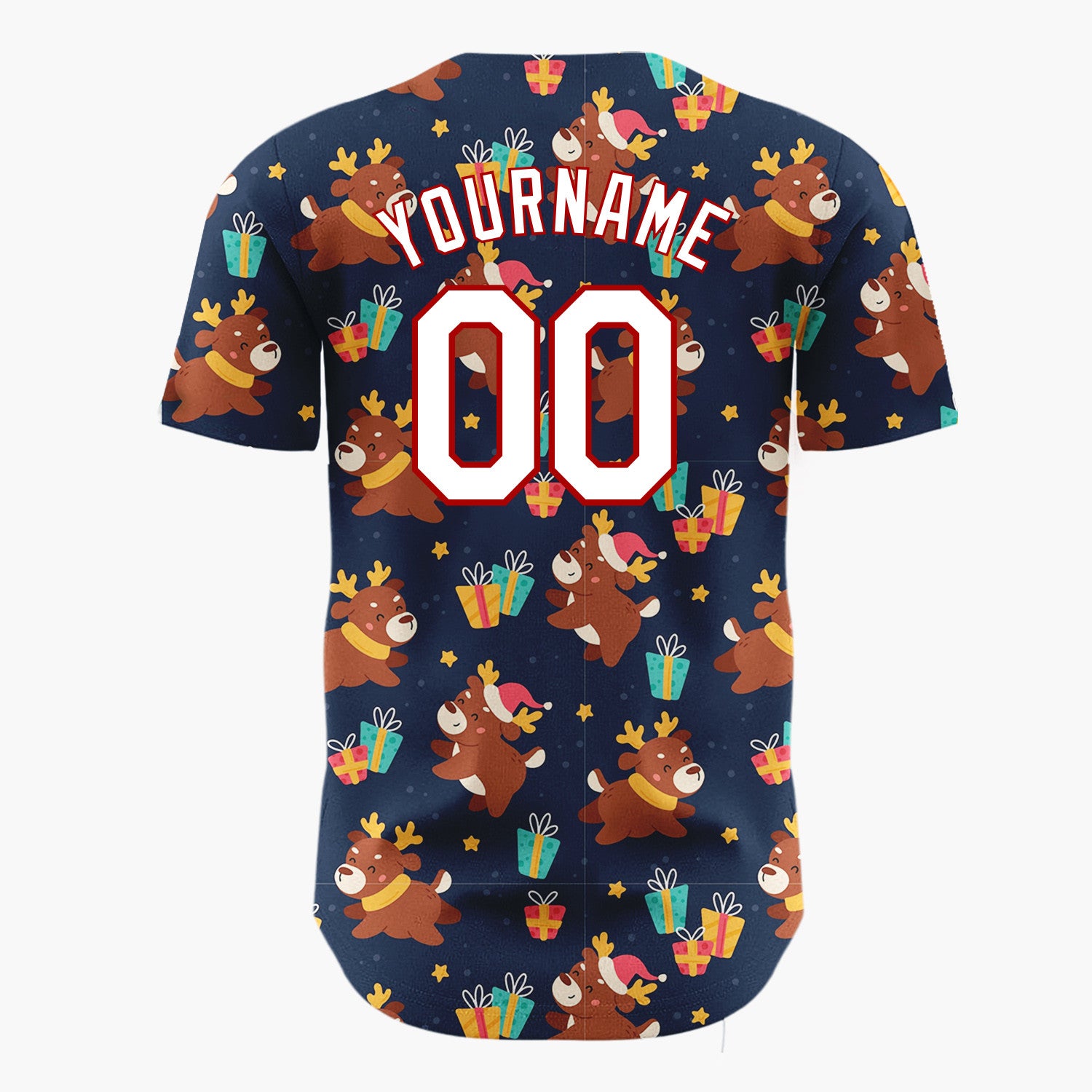 Custom Navy Brown Reindeers Gifts And Stars Playful Holiday Pattern Christmas Baseball Jersey