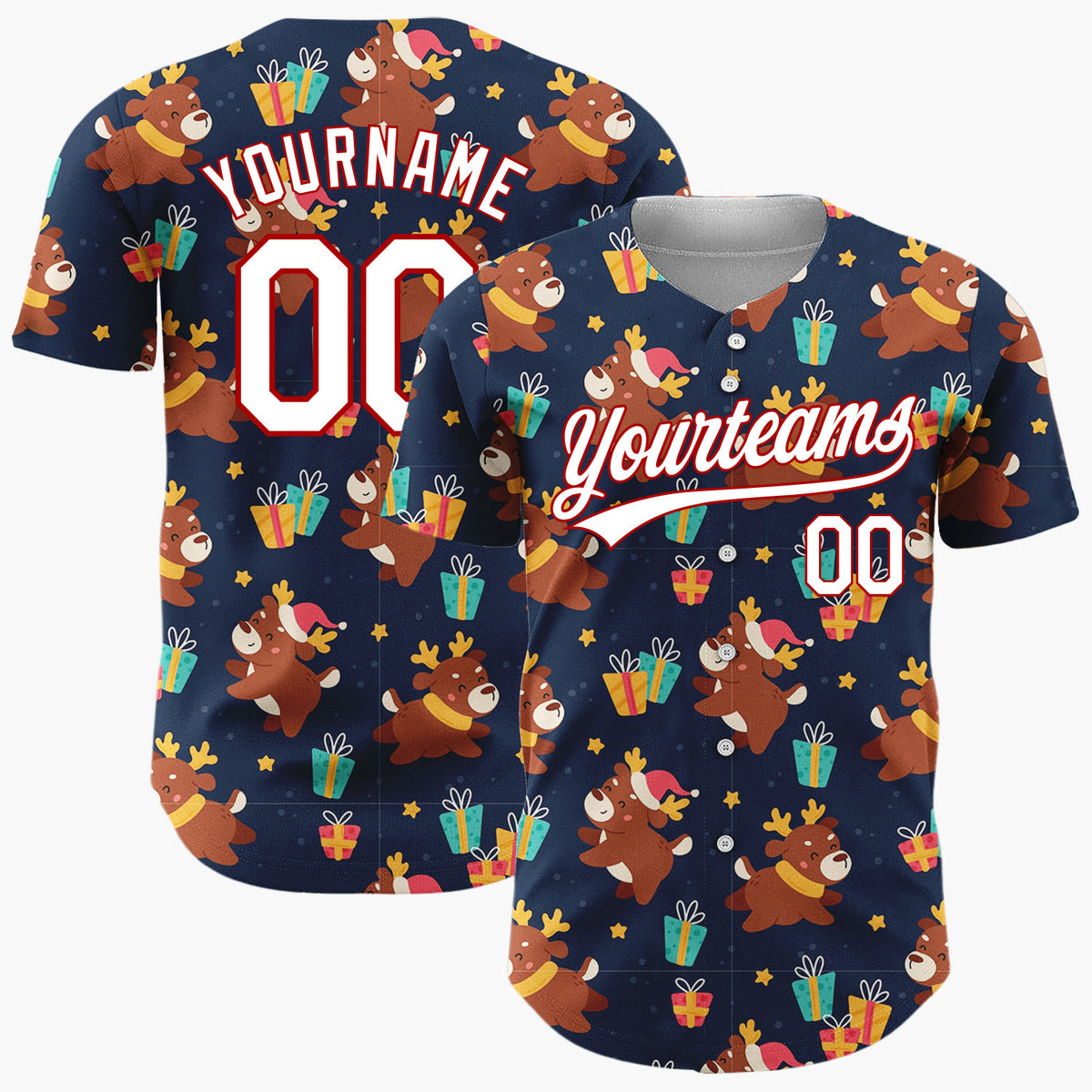 Custom Navy Brown Reindeers Gifts And Stars Playful Holiday Pattern Christmas Baseball Jersey