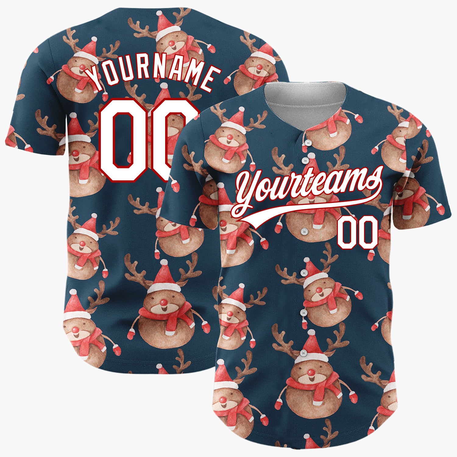 Custom Navy Cute Reindeer Festive Watercolor Pattern Christmas Baseball Jersey