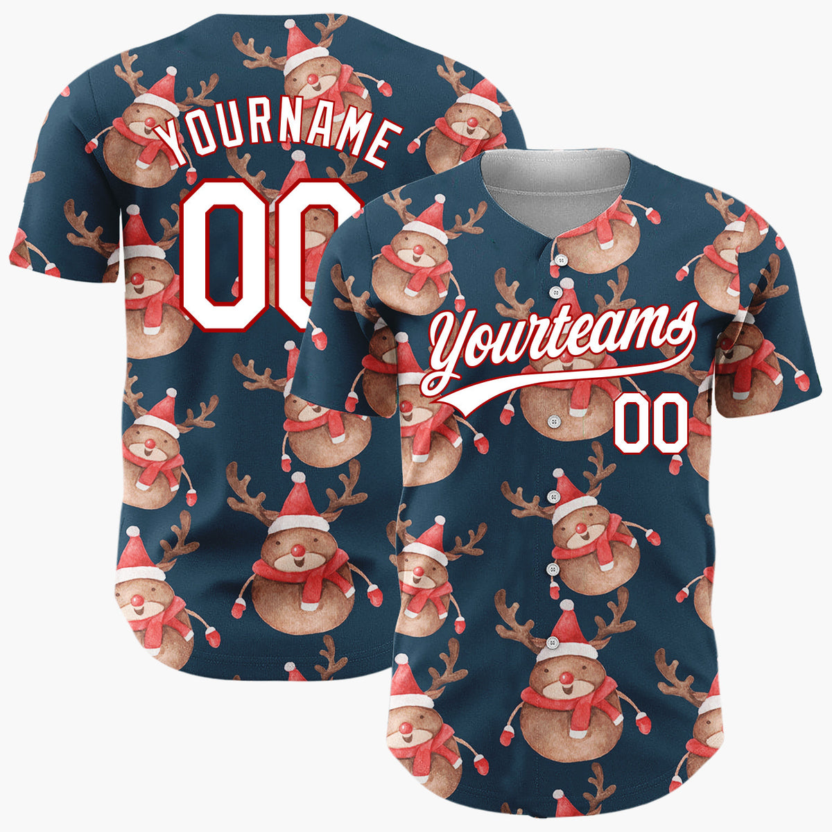 Custom Navy Cute Reindeer Festive Watercolor Pattern Christmas Baseball Jersey
