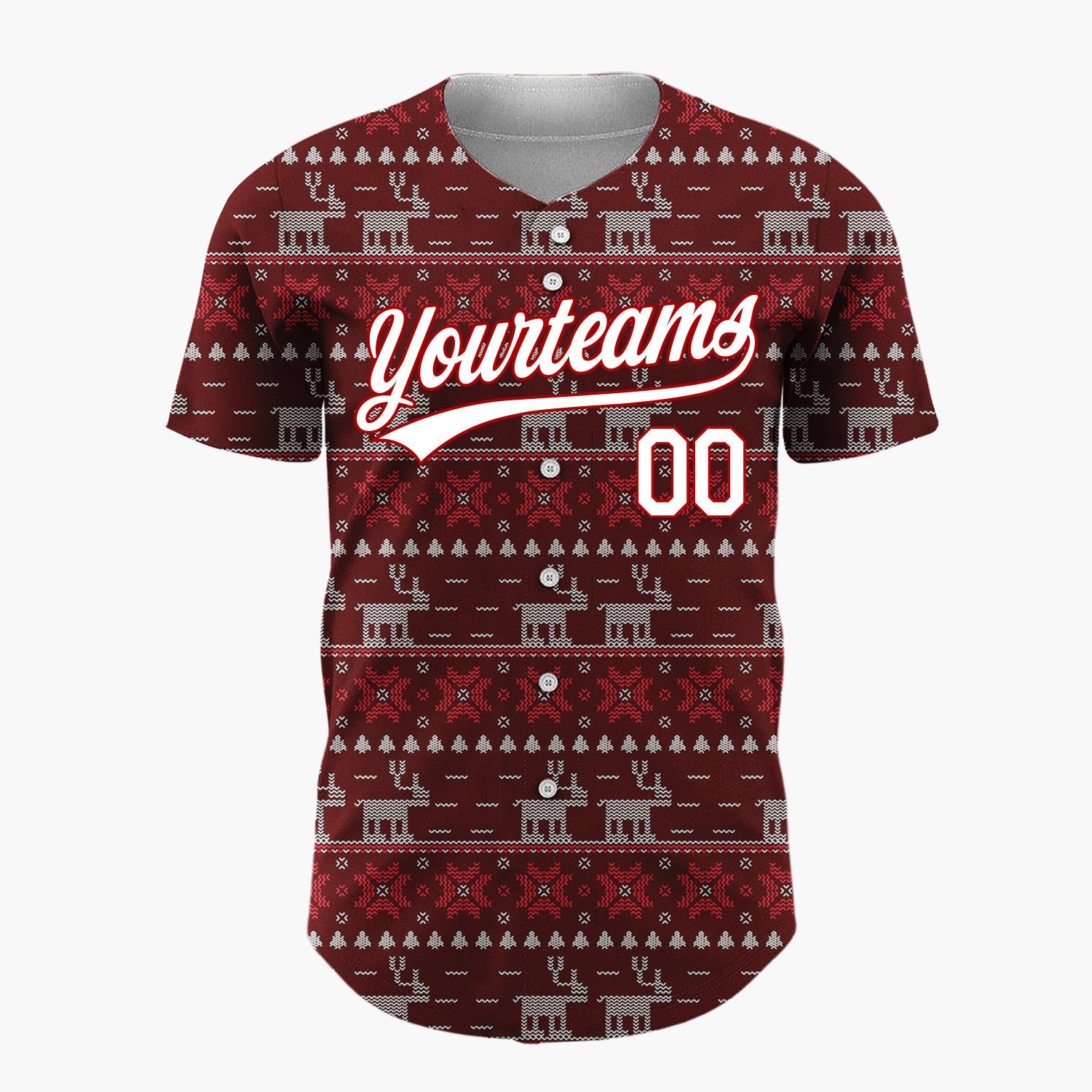 Custom Maroon Red Reindeer And Geometrics Christmas Fair Isle Knit Pattern Christmas Baseball Jersey