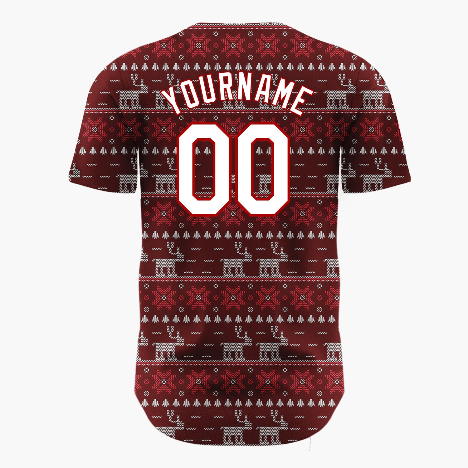 Custom Maroon Red Reindeer And Geometrics Christmas Fair Isle Knit Pattern Christmas Baseball Jersey
