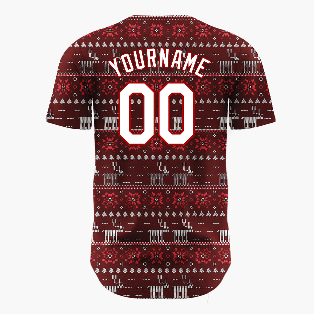 Custom Maroon Red Reindeer And Geometrics Christmas Fair Isle Knit Pattern Christmas Baseball Jersey
