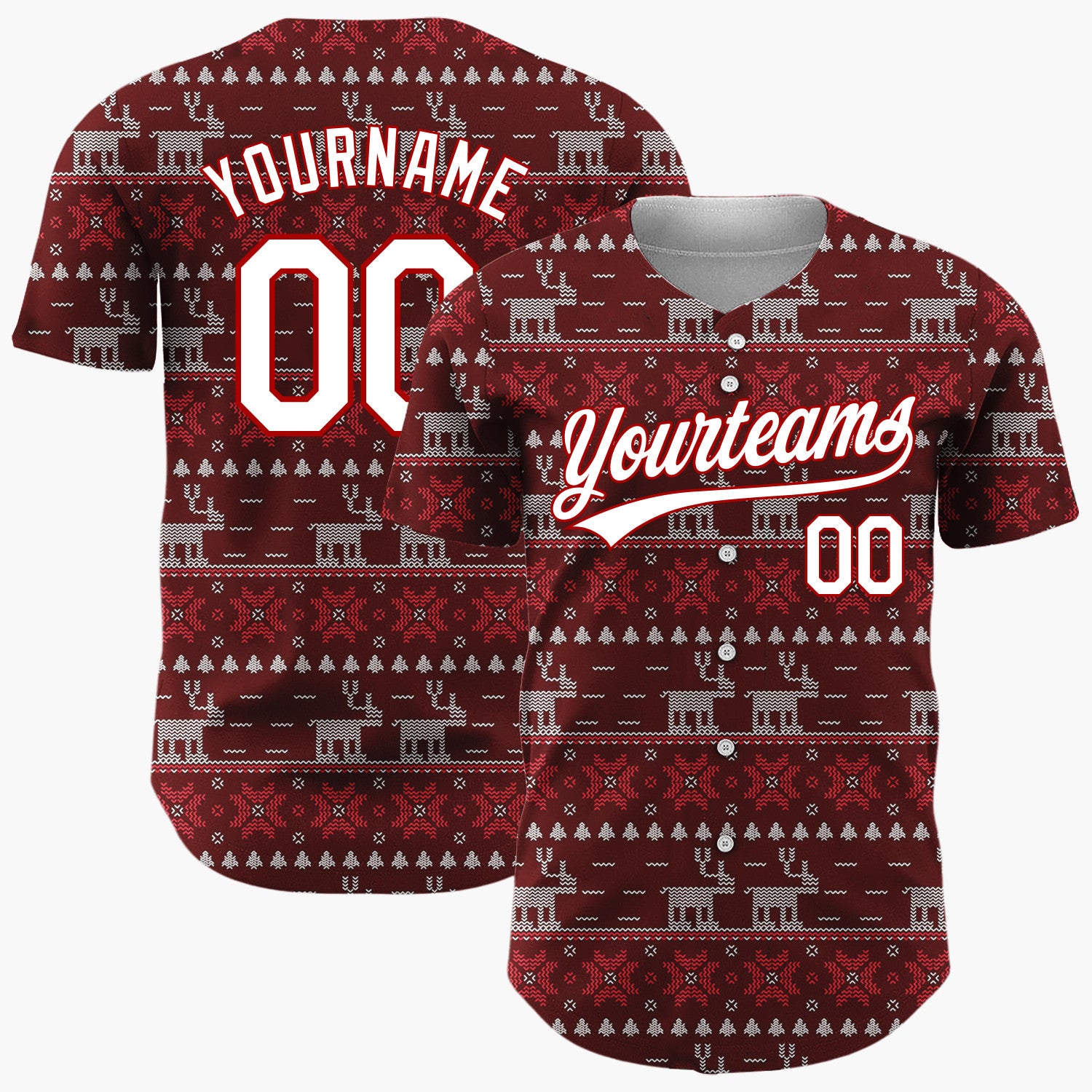 Custom Maroon Red Reindeer And Geometrics Christmas Fair Isle Knit Pattern Christmas Baseball Jersey