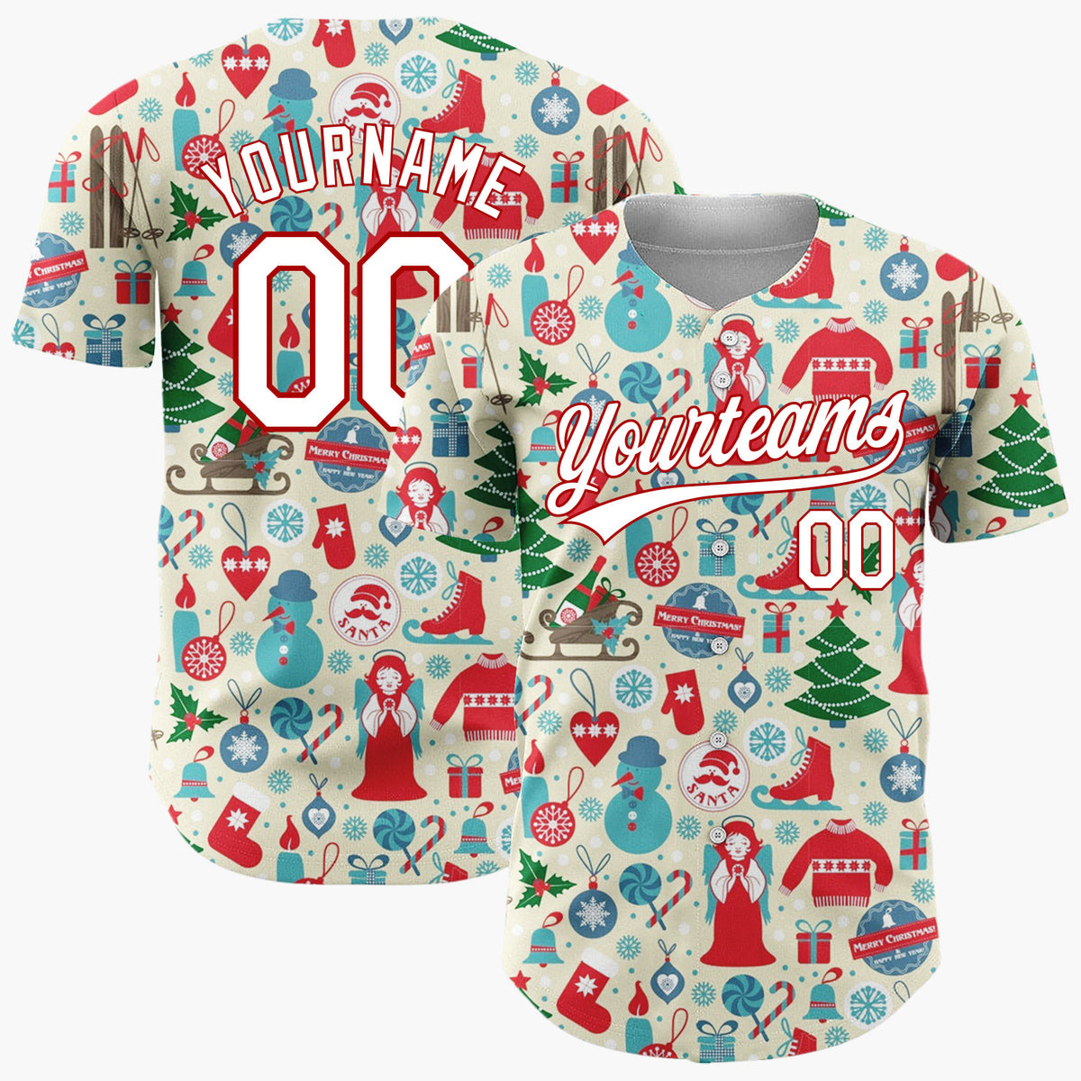 Custom Light Blue Yellow Christmas Angels Playful Cartoon Pattern Christmas Baseball Jersey
