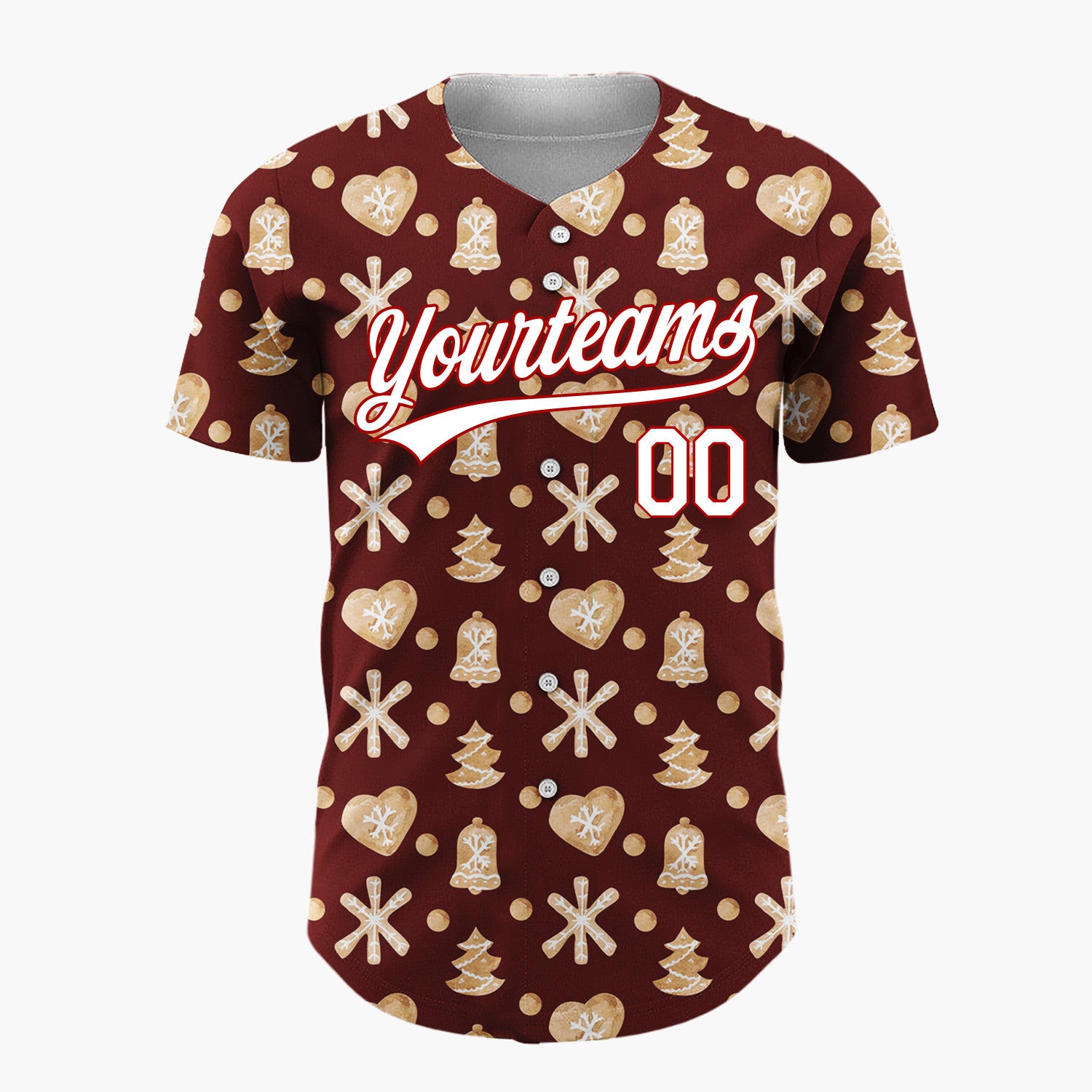 Custom Maroon Gingerbread Cookie Watercolor Pattern Christmas Baseball Jersey