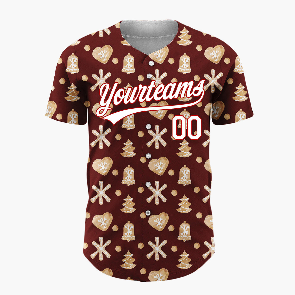 Custom Maroon Gingerbread Cookie Watercolor Pattern Christmas Baseball Jersey