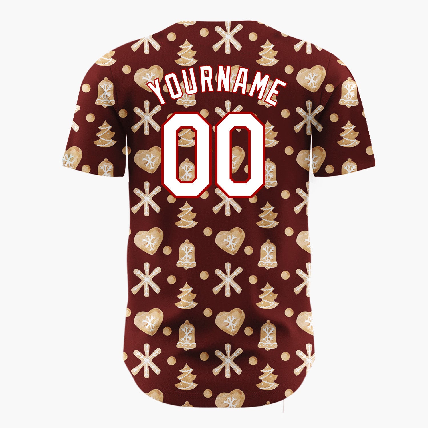 Custom Maroon Gingerbread Cookie Watercolor Pattern Christmas Baseball Jersey