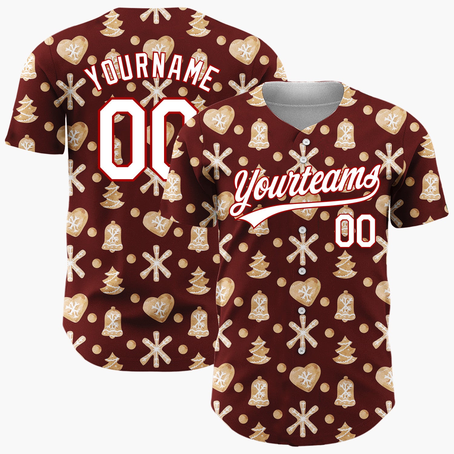 Custom Maroon Gingerbread Cookie Watercolor Pattern Christmas Baseball Jersey