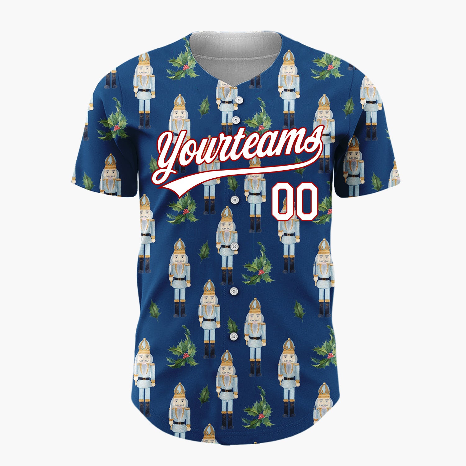 Custom Navy Blue Nutcracker And Holly Watercolor Pattern Christmas Baseball Jersey