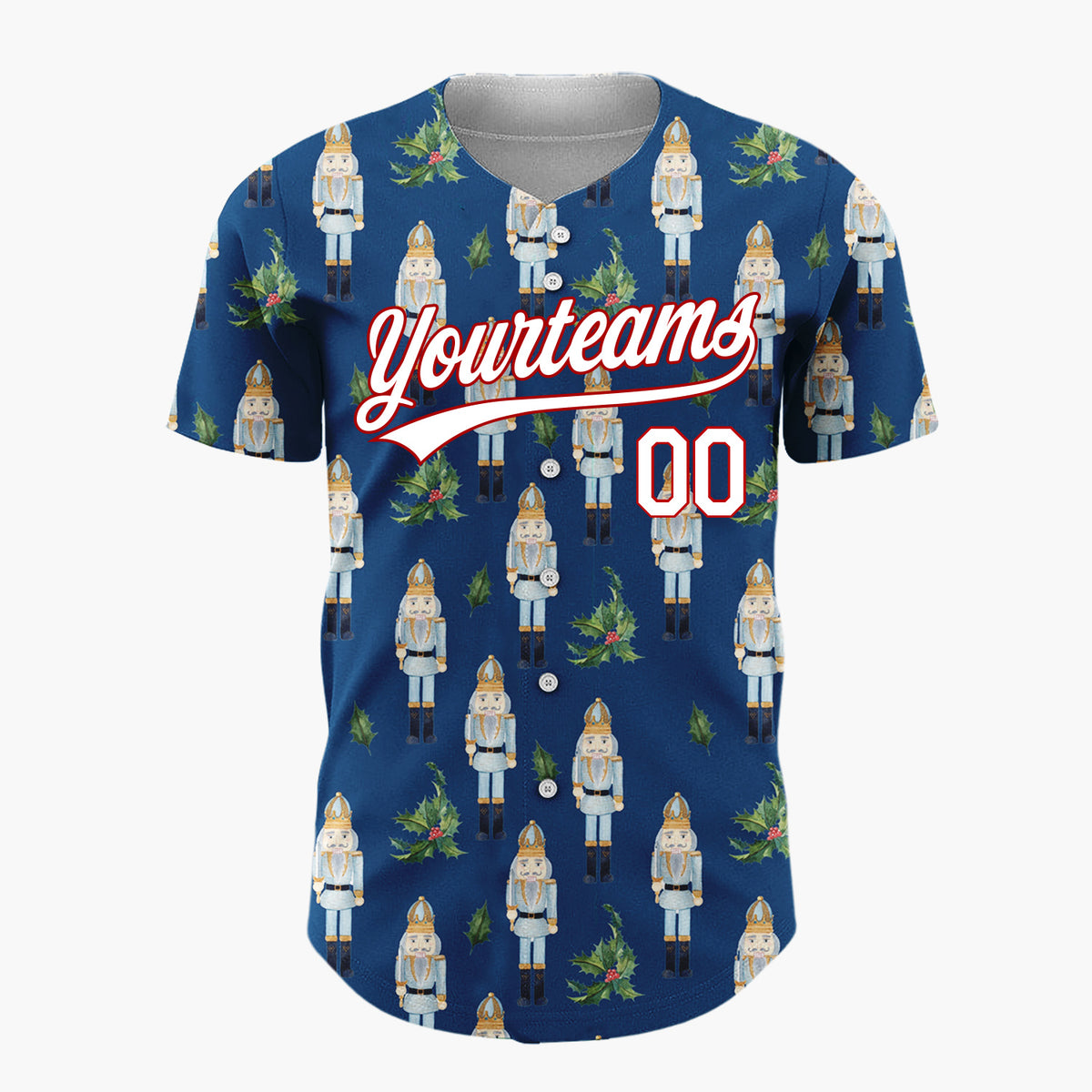 Custom Navy Blue Nutcracker And Holly Watercolor Pattern Christmas Baseball Jersey