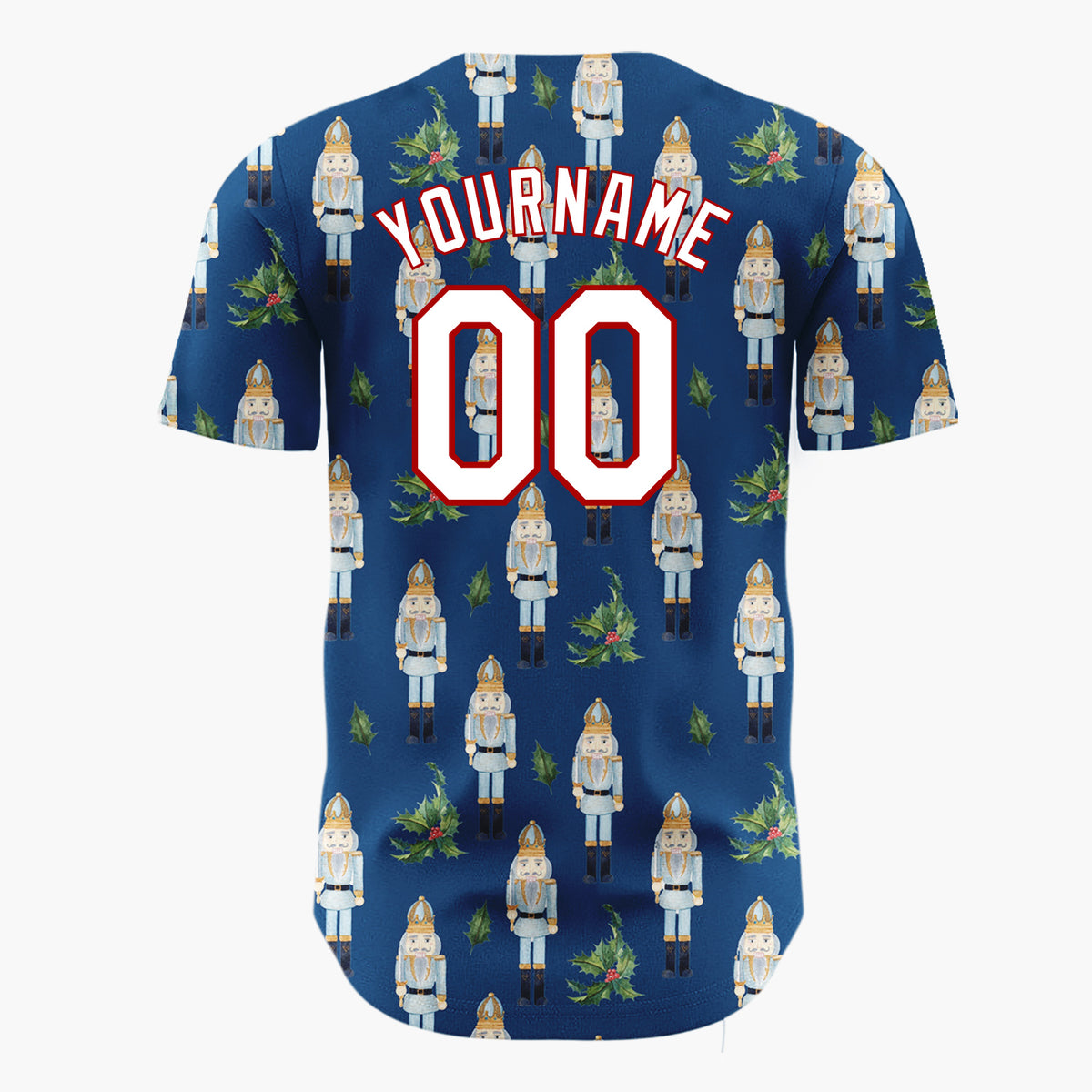 Custom Navy Blue Nutcracker And Holly Watercolor Pattern Christmas Baseball Jersey