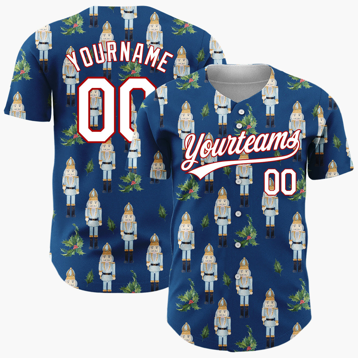 Custom Navy Blue Nutcracker And Holly Watercolor Pattern Christmas Baseball Jersey