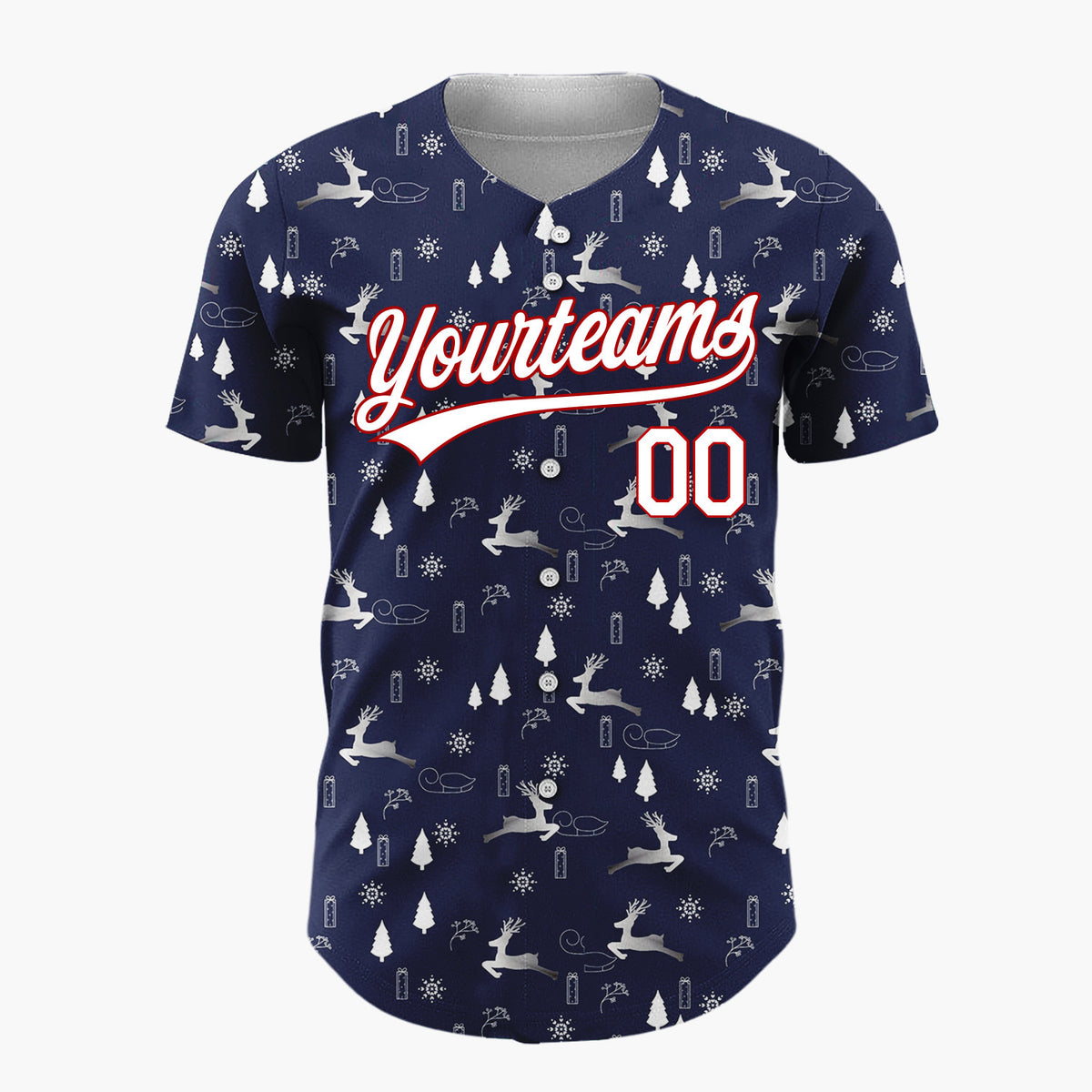 Custom Navy Blue Reindeer Snowflake Silver Christmas Baseball Jersey