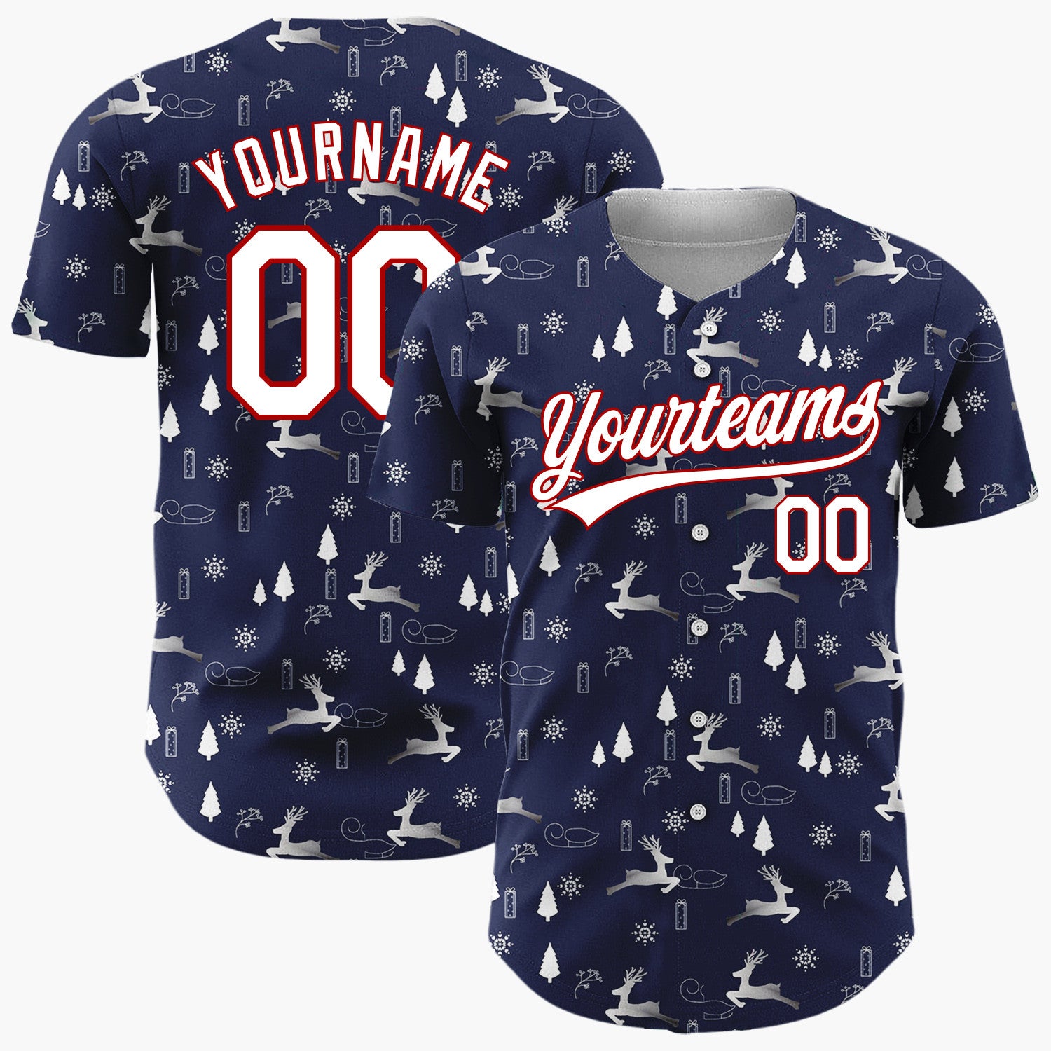 Custom Navy Blue Reindeer Snowflake Silver Christmas Baseball Jersey