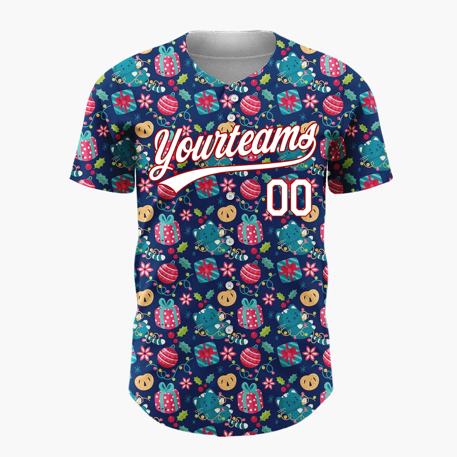 Custom Navy Blue Red Gifts Ornaments And Lights Festive Ditsy Pattern Christmas Baseball Jersey