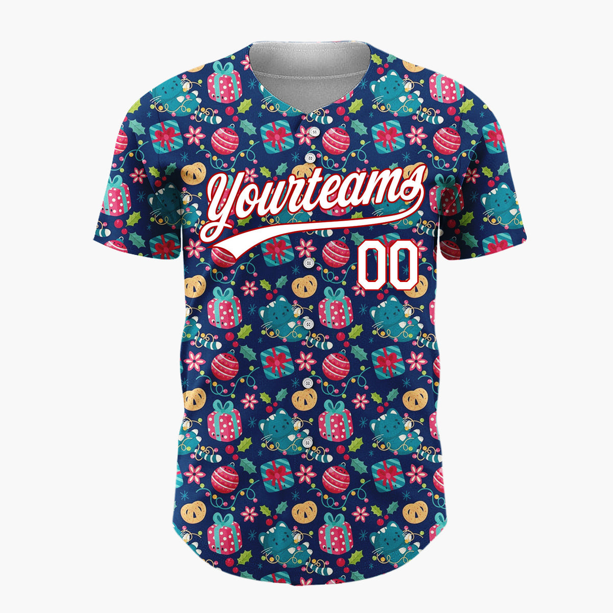 Custom Navy Blue Red Gifts Ornaments And Lights Festive Ditsy Pattern Christmas Baseball Jersey