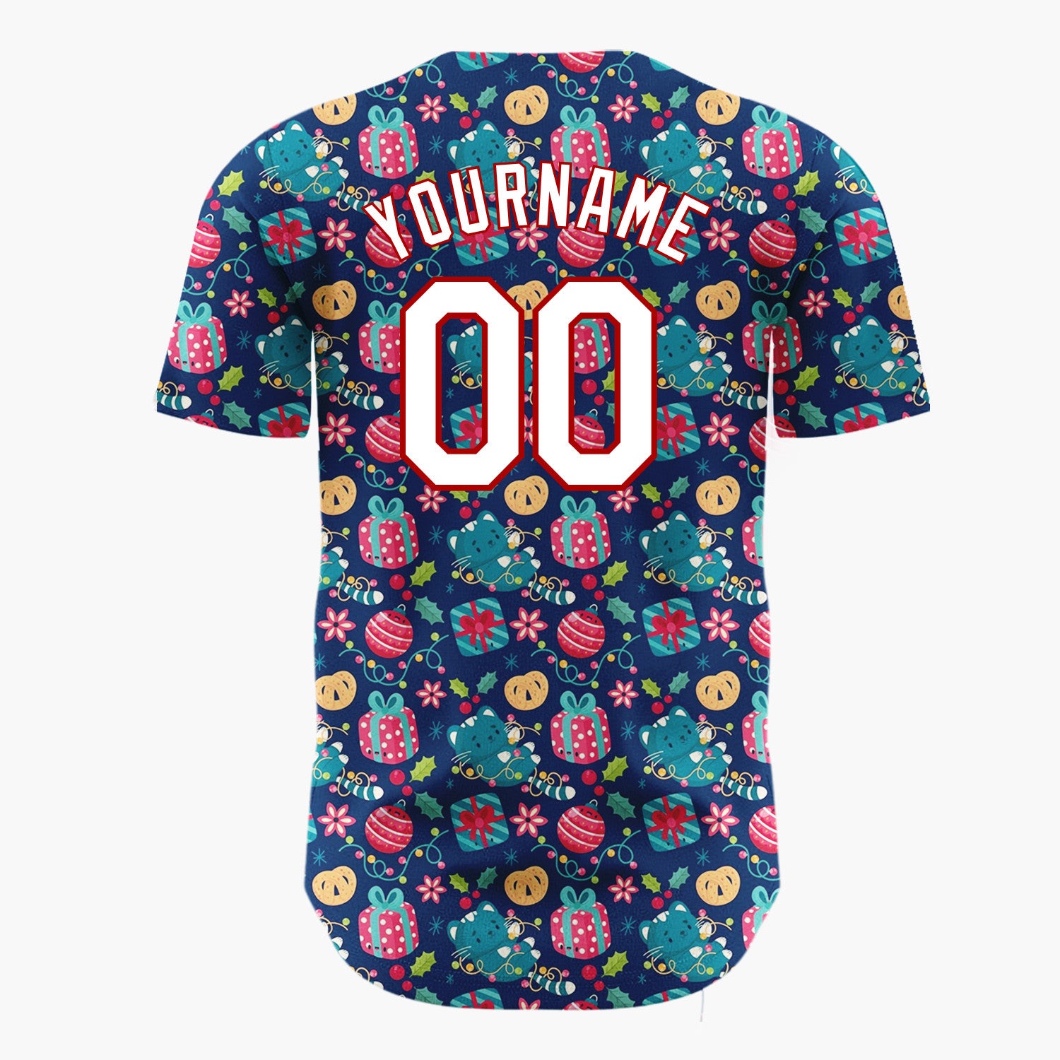 Custom Navy Blue Red Gifts Ornaments And Lights Festive Ditsy Pattern Christmas Baseball Jersey