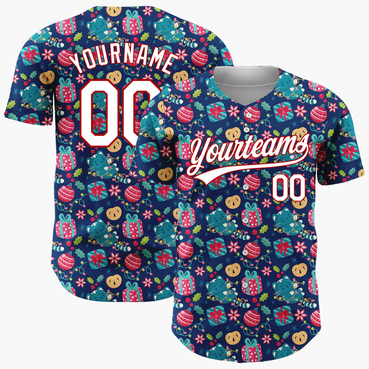 Custom Navy Blue Red Gifts Ornaments And Lights Festive Ditsy Pattern Christmas Baseball Jersey