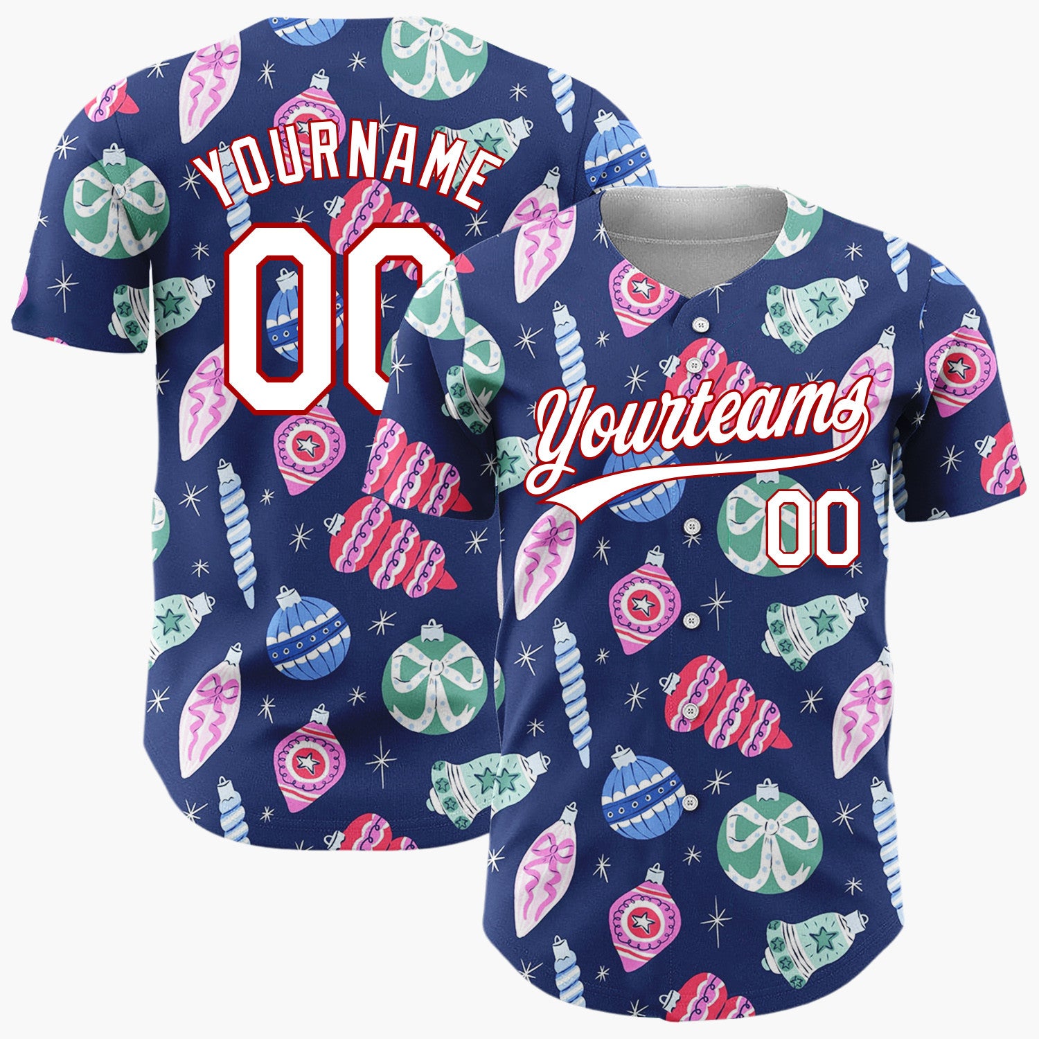 Custom Navy Blue Christmas Ornaments And Baubles Sparkling Holiday Pattern Christmas Baseball Jersey
