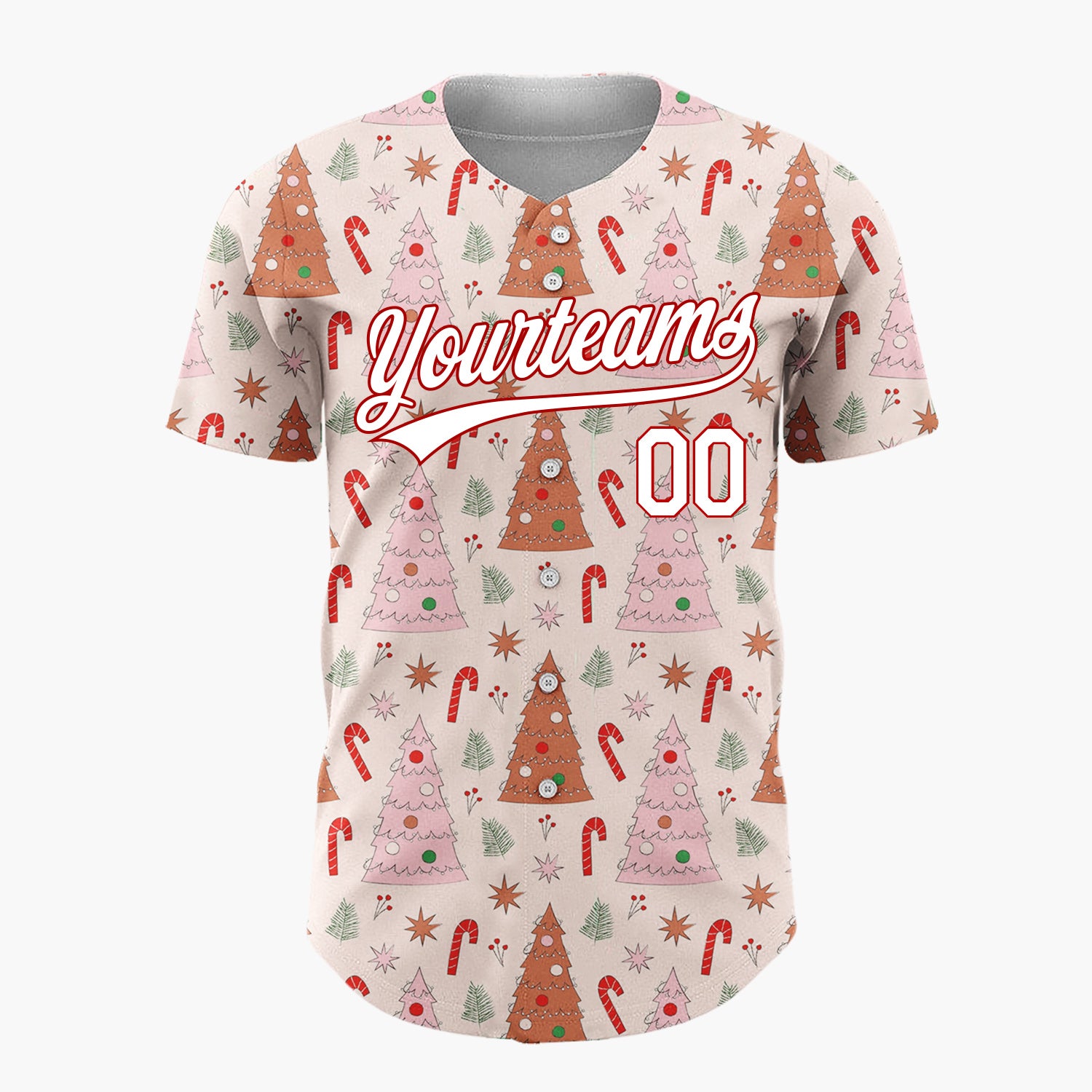 Custom Light Pink Red Pastel Trees And Candy Canes Cute Christmas Baseball Jersey