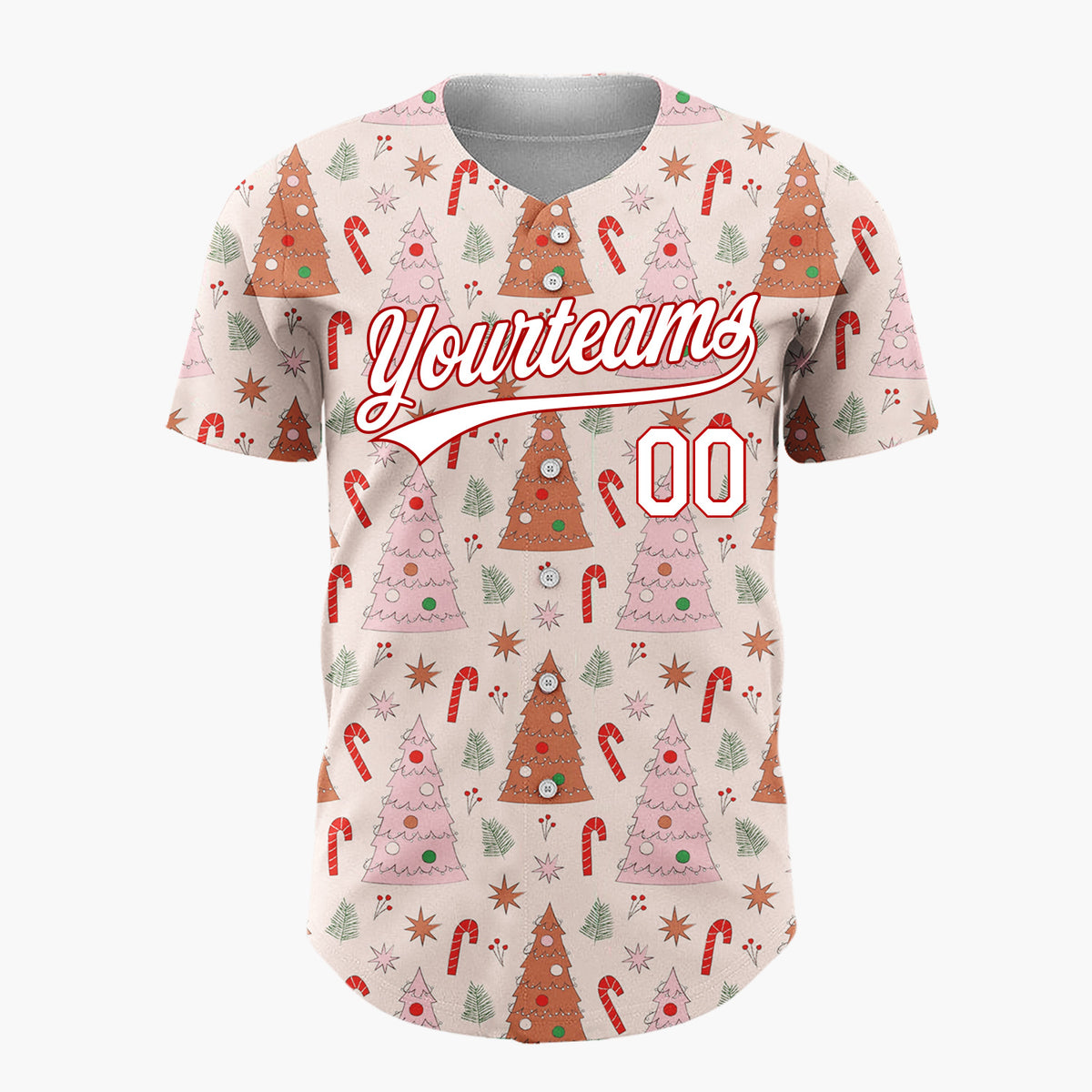 Custom Light Pink Red Pastel Trees And Candy Canes Cute Christmas Baseball Jersey