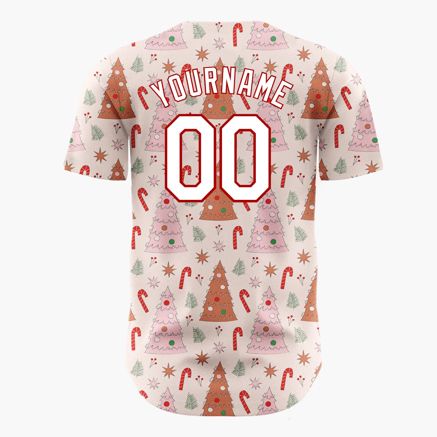 Custom Light Pink Red Pastel Trees And Candy Canes Cute Christmas Baseball Jersey