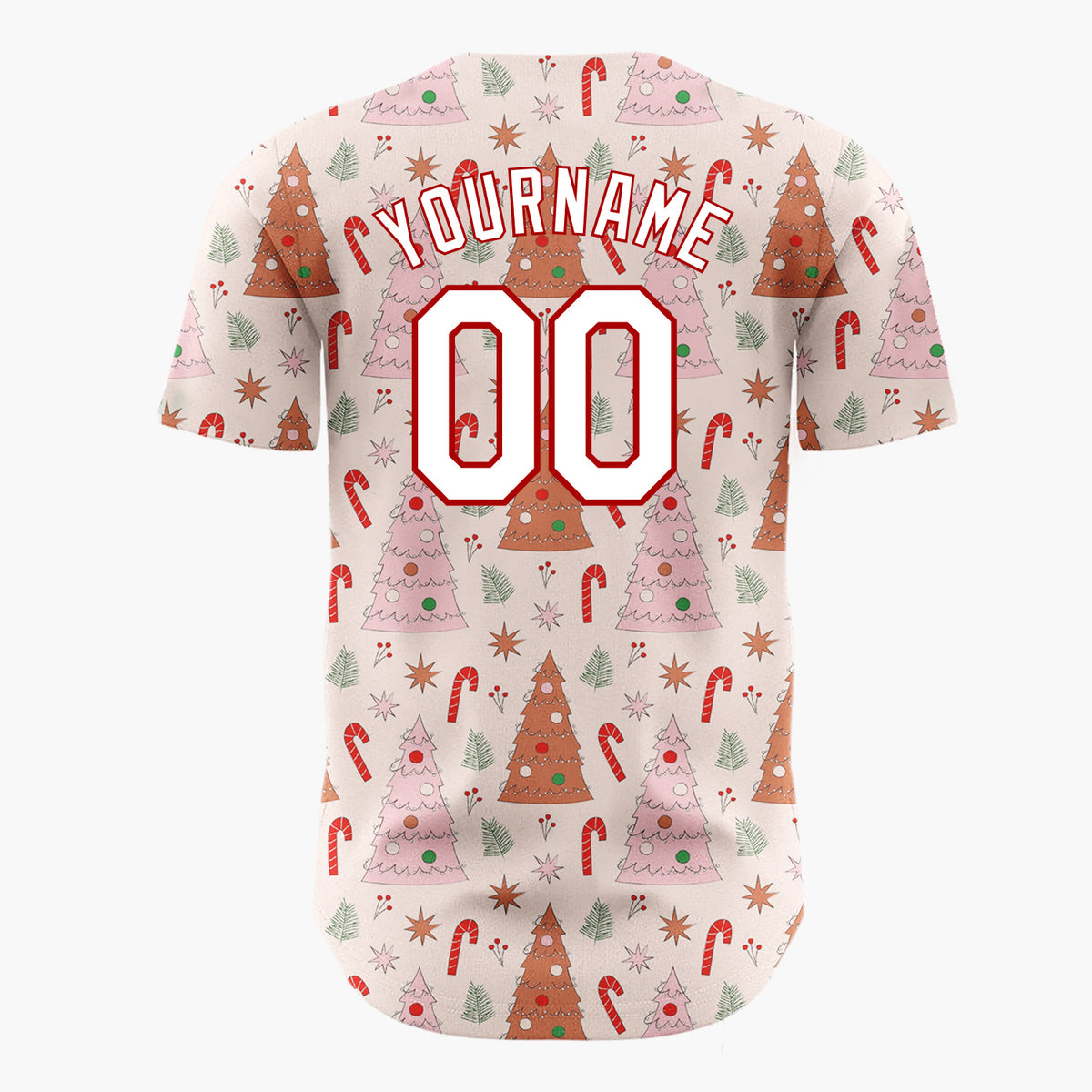 Custom Light Pink Red Pastel Trees And Candy Canes Cute Christmas Baseball Jersey