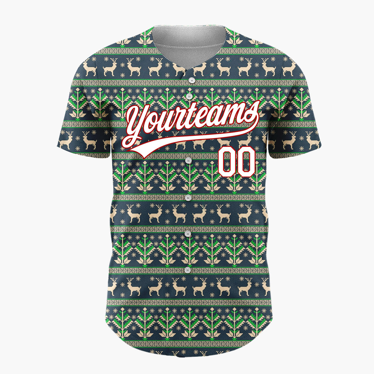 Custom Navy Green Deer And Geometrics Christmas Knit Pattern Christmas Baseball Jersey