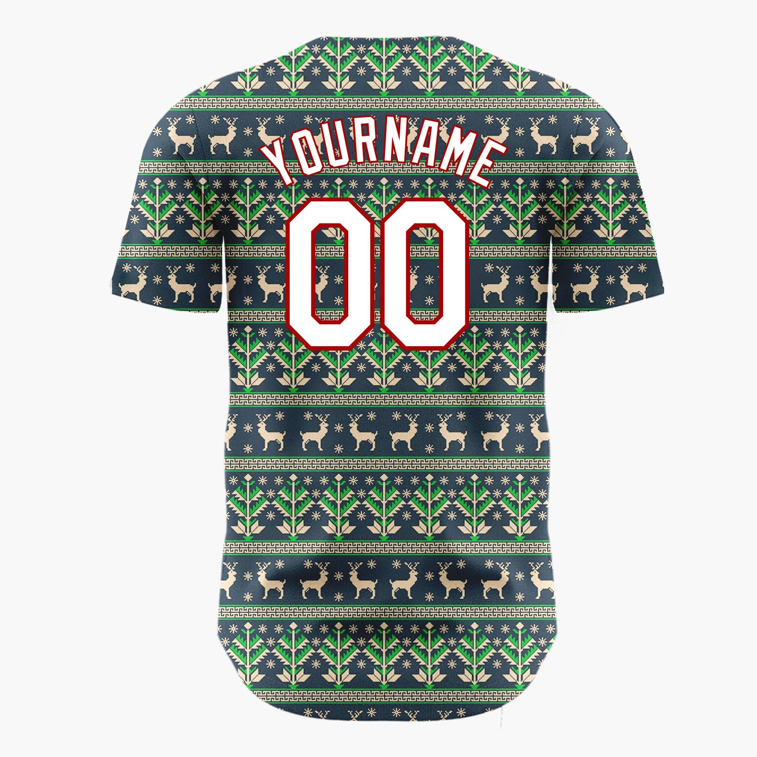 Custom Navy Green Deer And Geometrics Christmas Knit Pattern Christmas Baseball Jersey