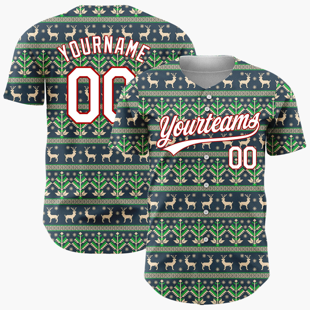 Custom Navy Green Deer And Geometrics Christmas Knit Pattern Christmas Baseball Jersey