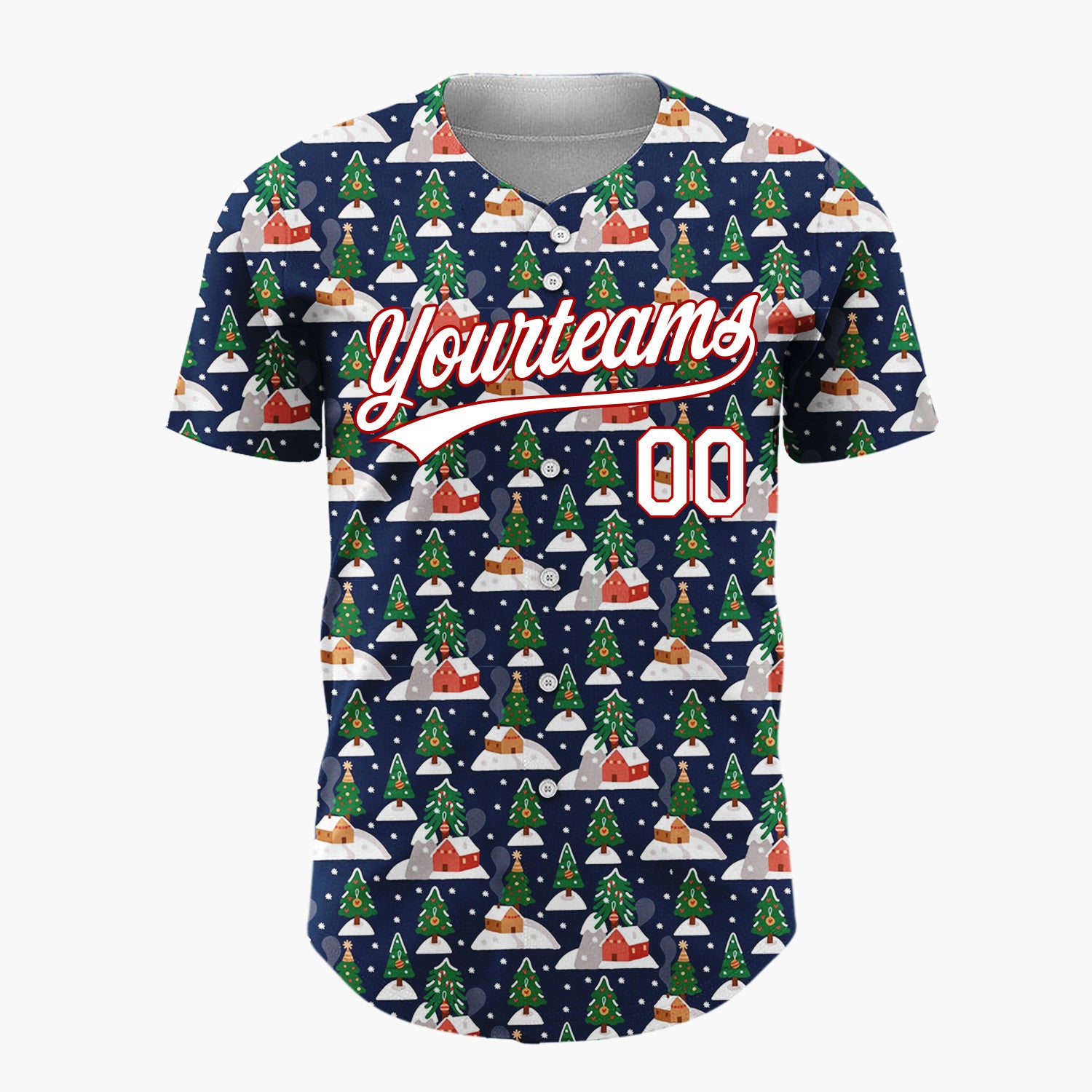 Custom Navy Christmas Village Trees And Houses Festive Winter Pattern Christmas Baseball Jersey