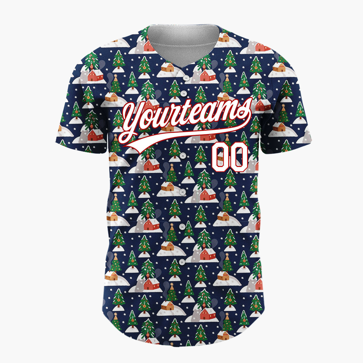 Custom Navy Christmas Village Trees And Houses Festive Winter Pattern Christmas Baseball Jersey