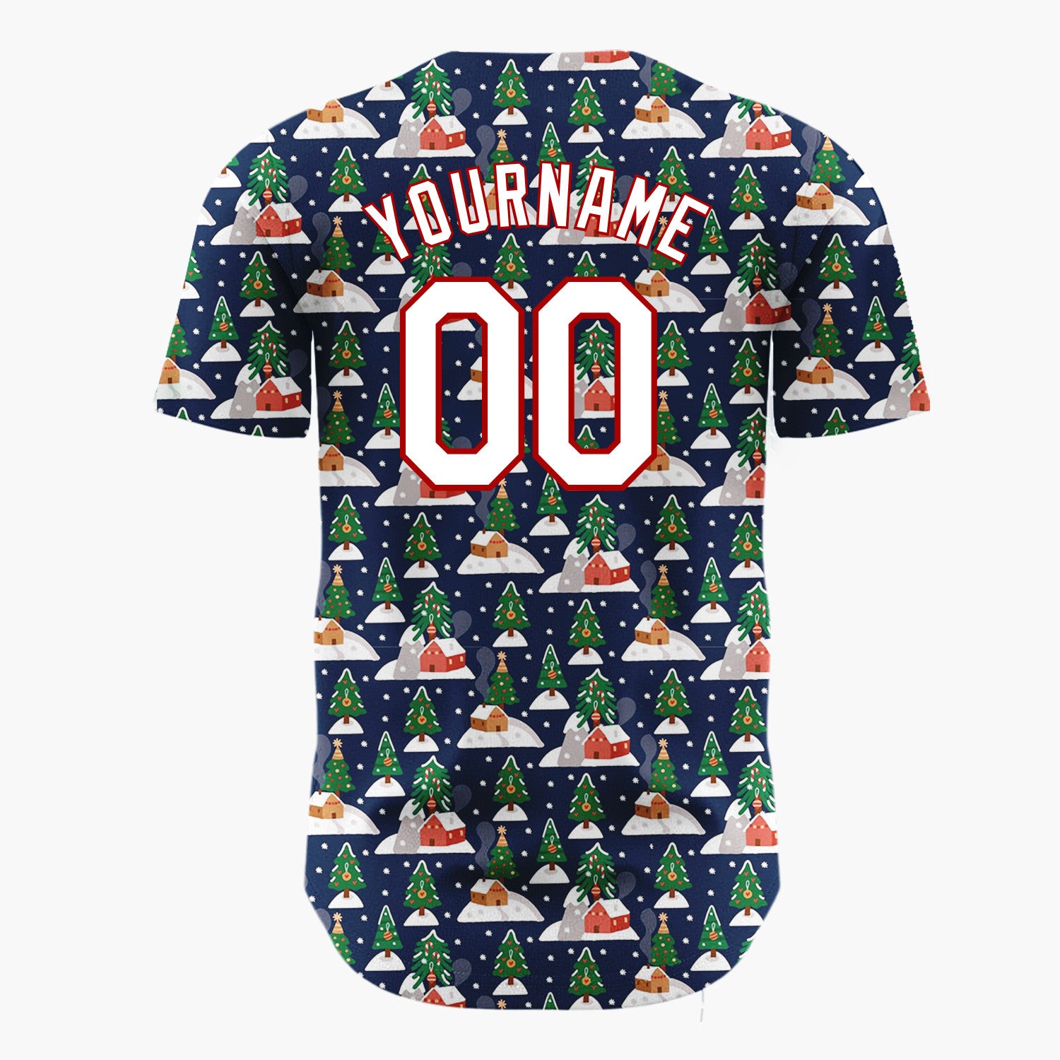Custom Navy Christmas Village Trees And Houses Festive Winter Pattern Christmas Baseball Jersey