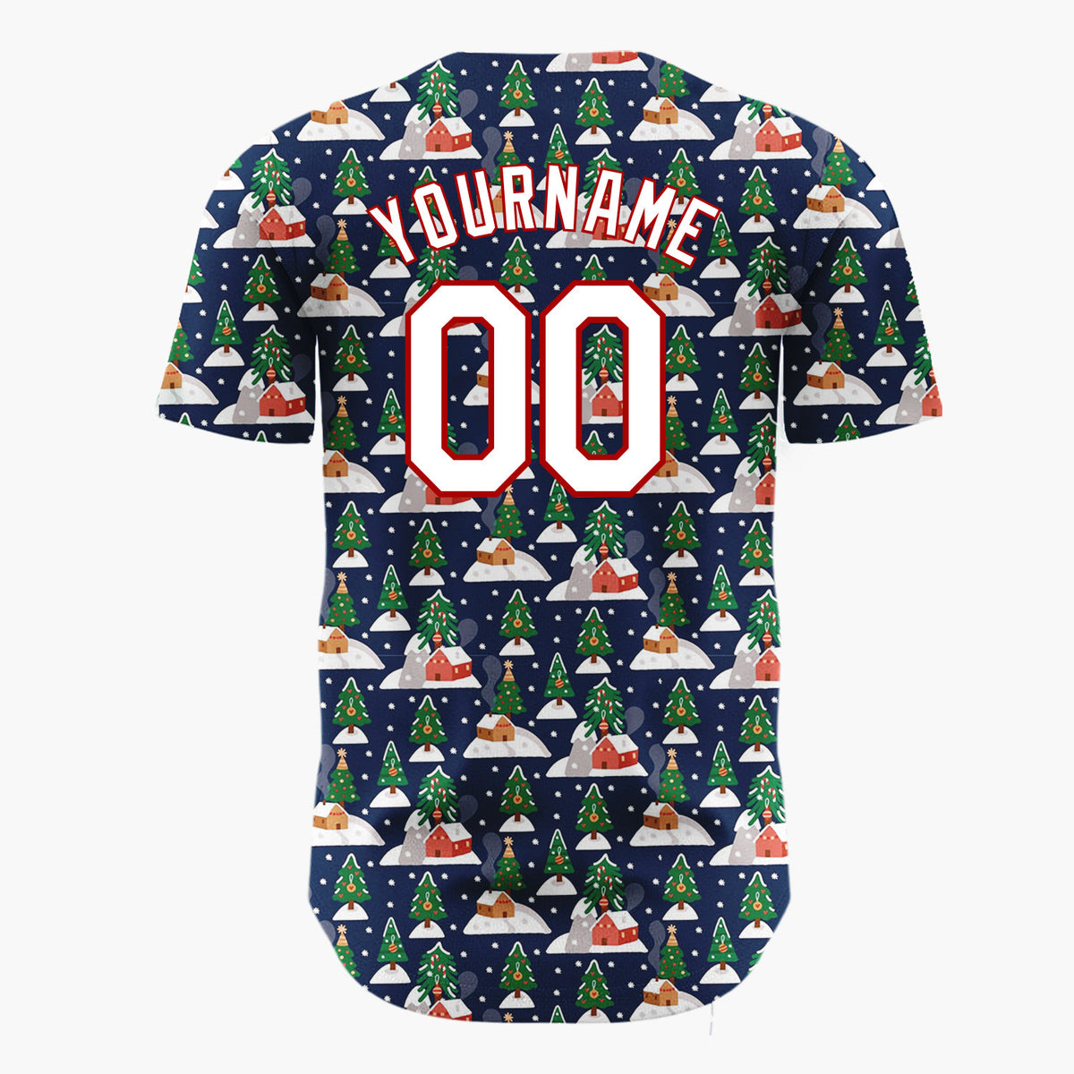 Custom Navy Christmas Village Trees And Houses Festive Winter Pattern Christmas Baseball Jersey