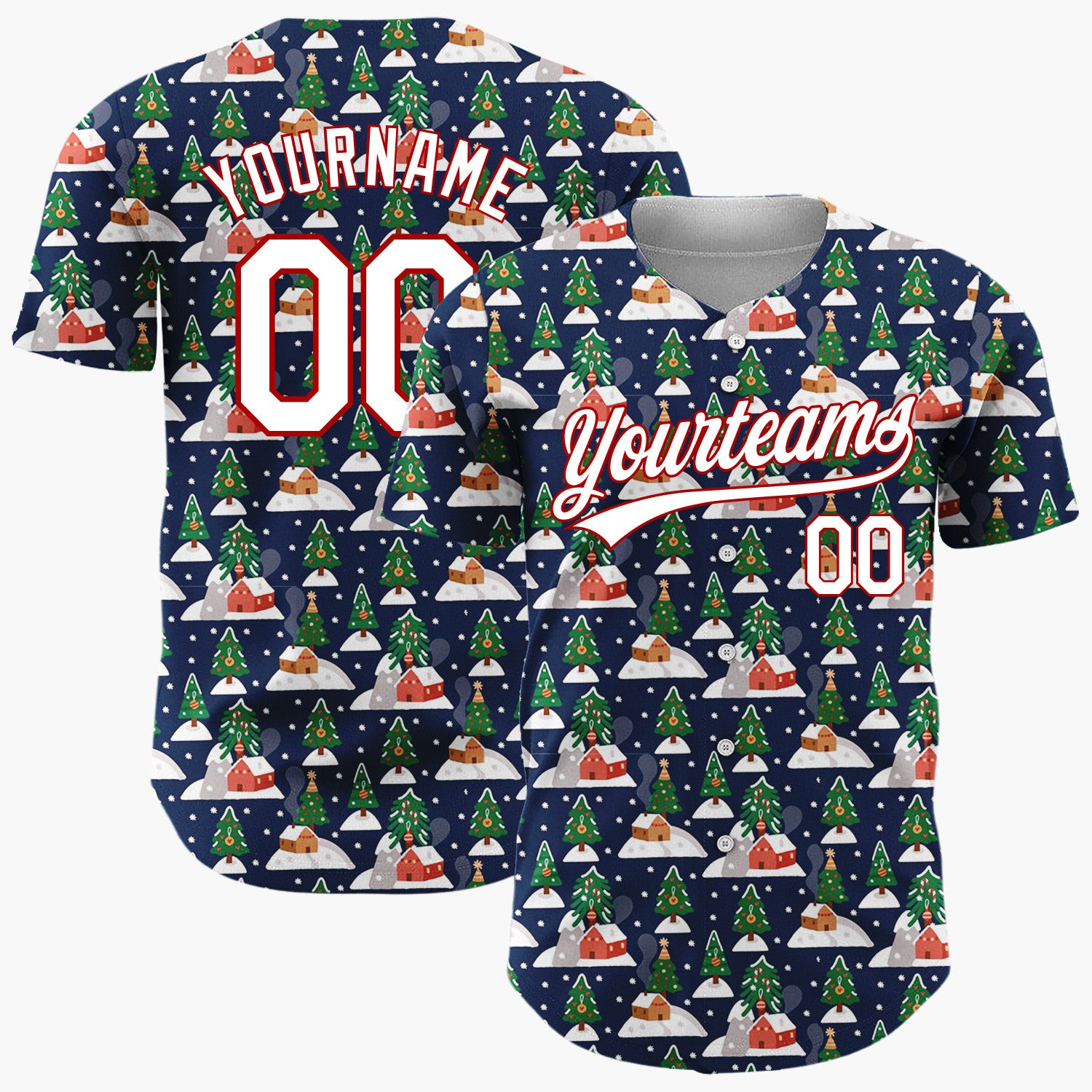 Custom Navy Christmas Village Trees And Houses Festive Winter Pattern Christmas Baseball Jersey